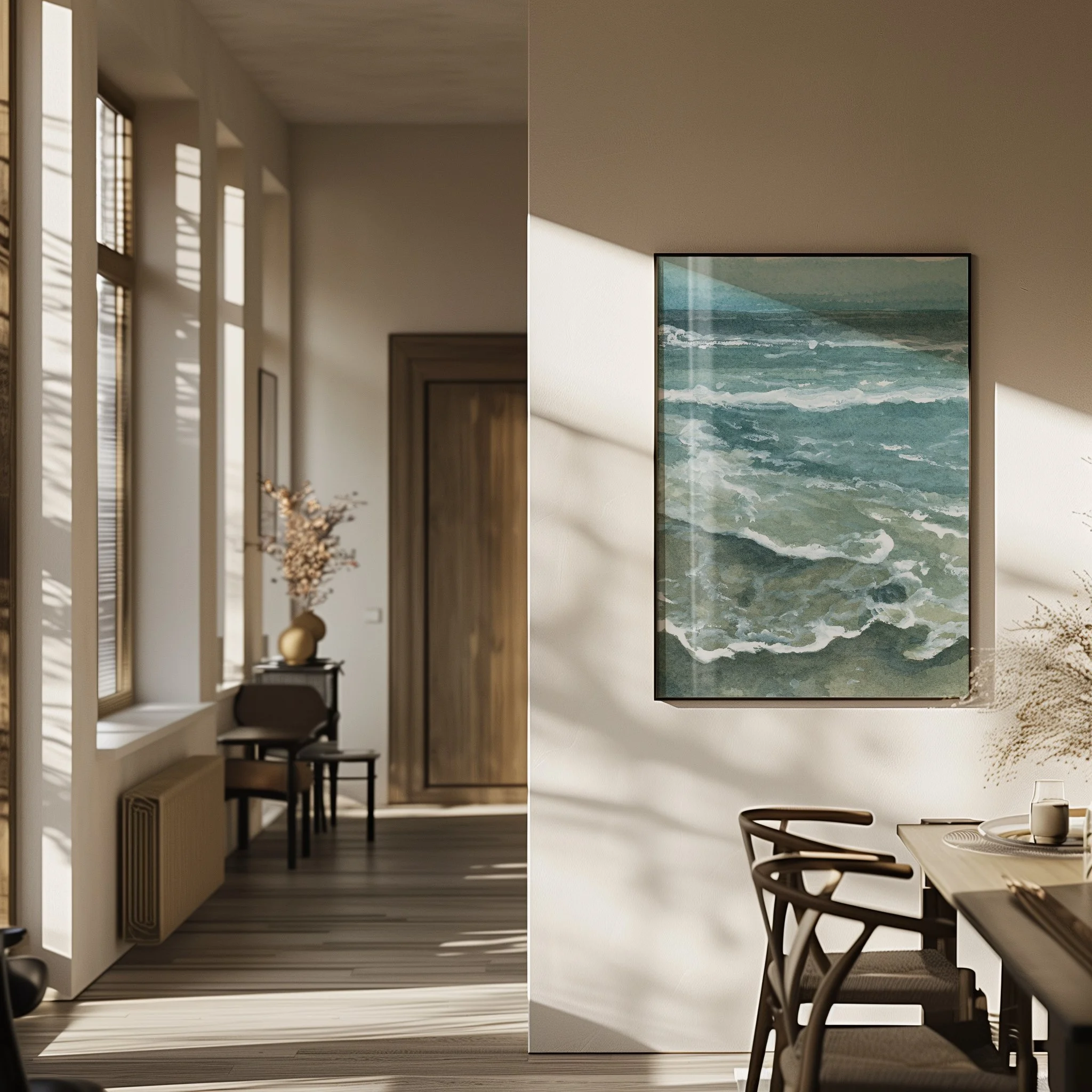 Low Tide Southern California ocean seascape watercolor wall art print. Calm tidepool coastal decor giclee hanging in a modern home