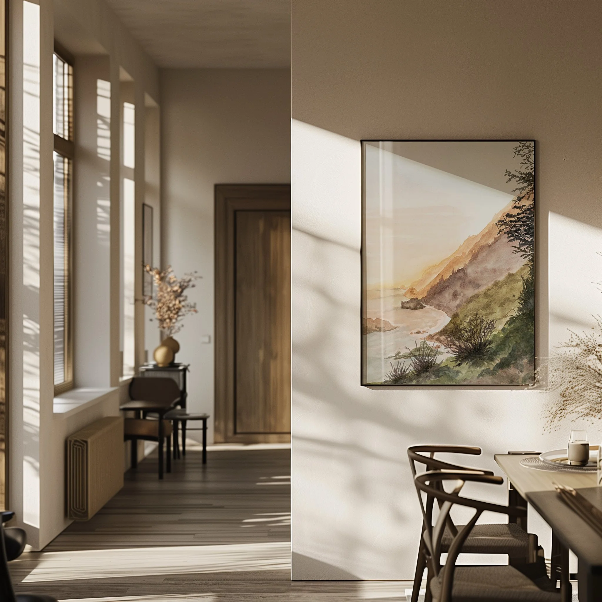 Watercolor landscape wall art print of Big Sur on the California Coast at Sunset golden hour on the Pacific Ocean in a modern house