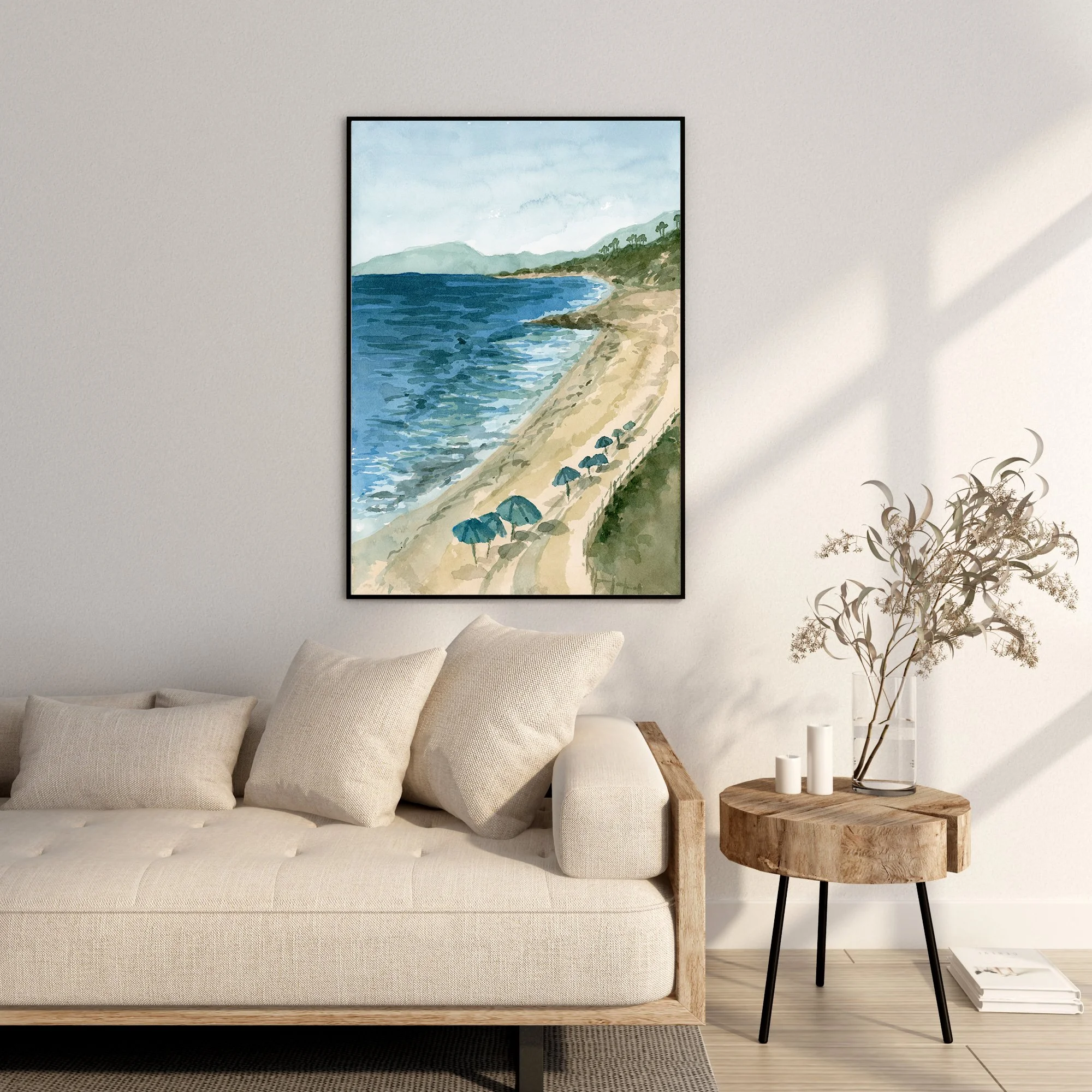 Carlsbad, California coastal watercolor landscape wall art print. San Diego seascape beach Southern California giclee fine art framed and hanging in a living room
