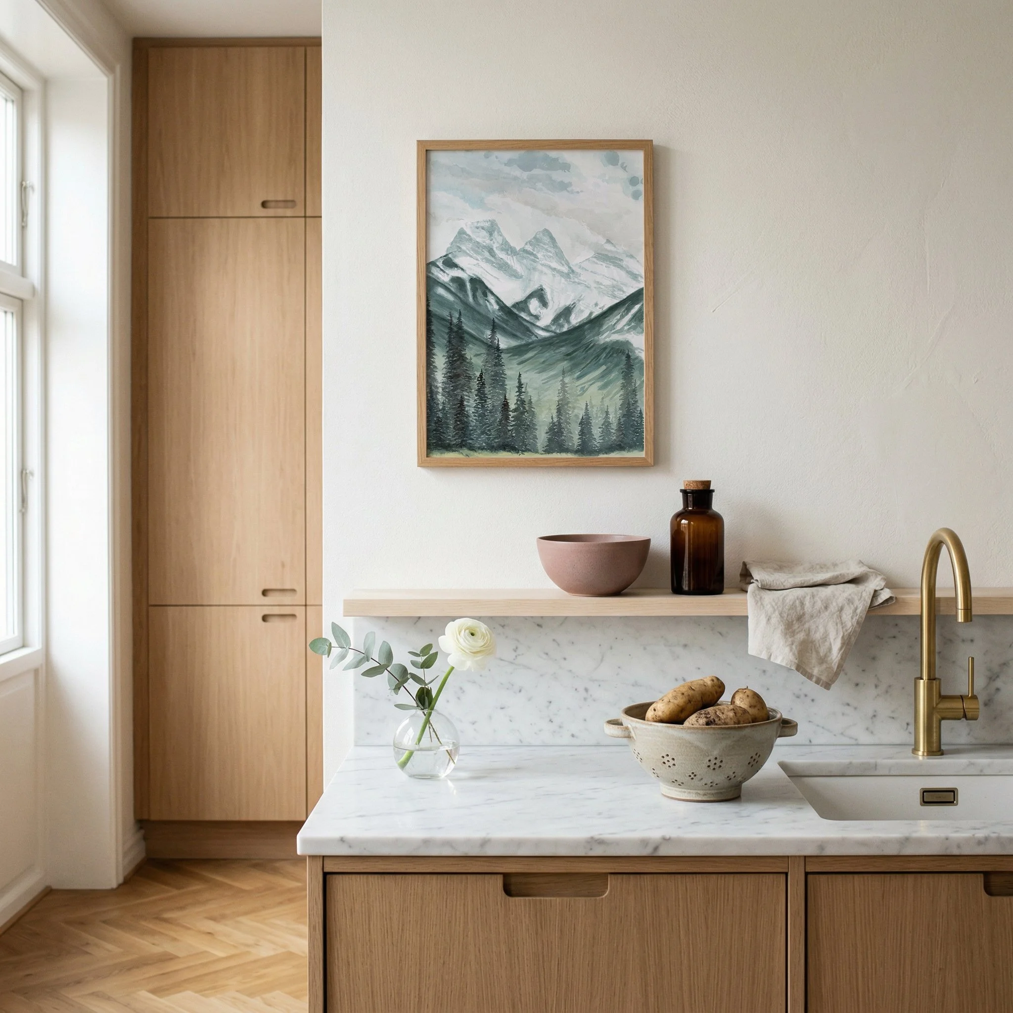 Three Sisters mountains, Canmore Alberta landscape watercolor wall art print inspired by snow capped mountains and towering evergreen trees in the Canadian Rockies hanging in a kitchen