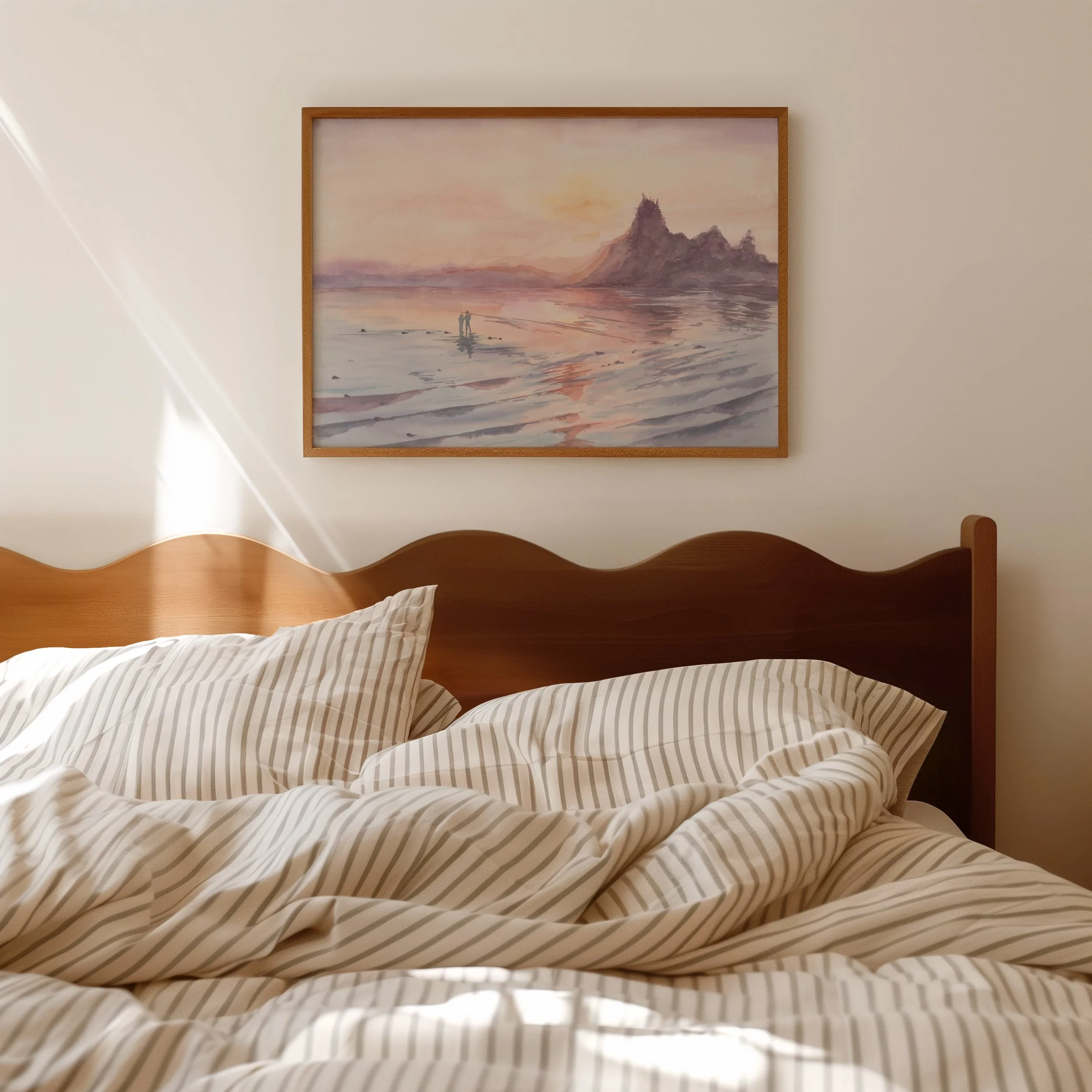 Tofino Sunset coastal watercolor art print beach walks during low tide at bright pink sunset hanging in a bedroom