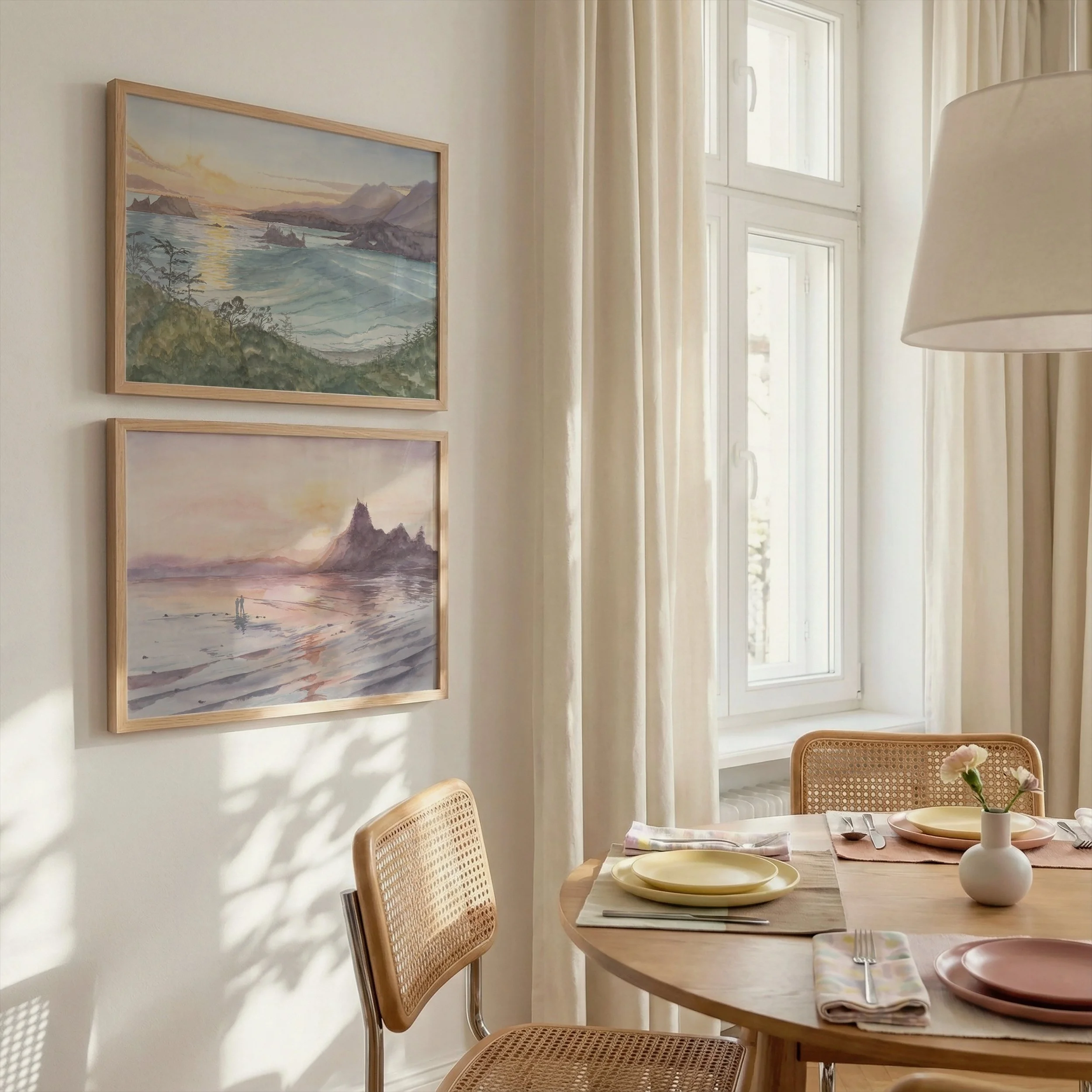 Tofino Sunset Coastal Watercolor Landscape Print Pair hanging in a dining room
