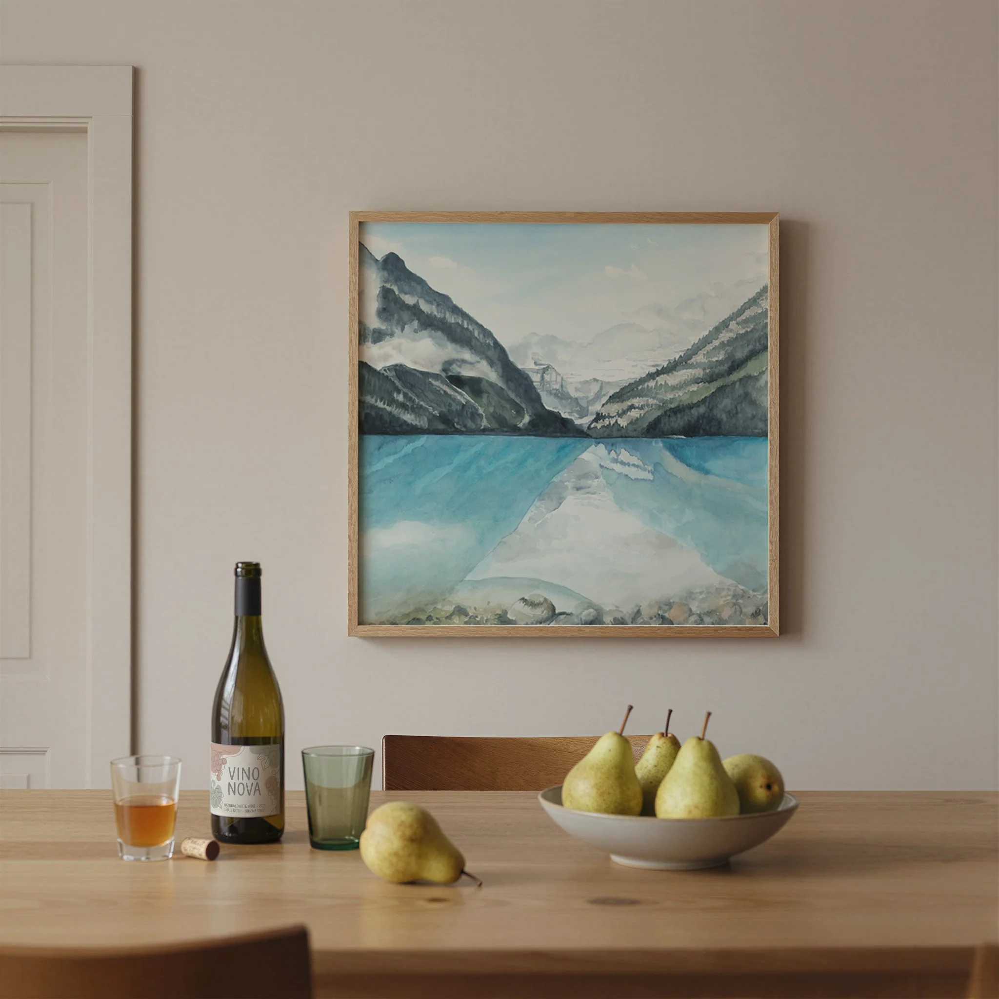 Lake Louise Canadian Rocky Mountain watercolor landscape wall art print. Banff National Park, Alberta turquoise glacier lake nature inspired giclee art hanging in a dining room