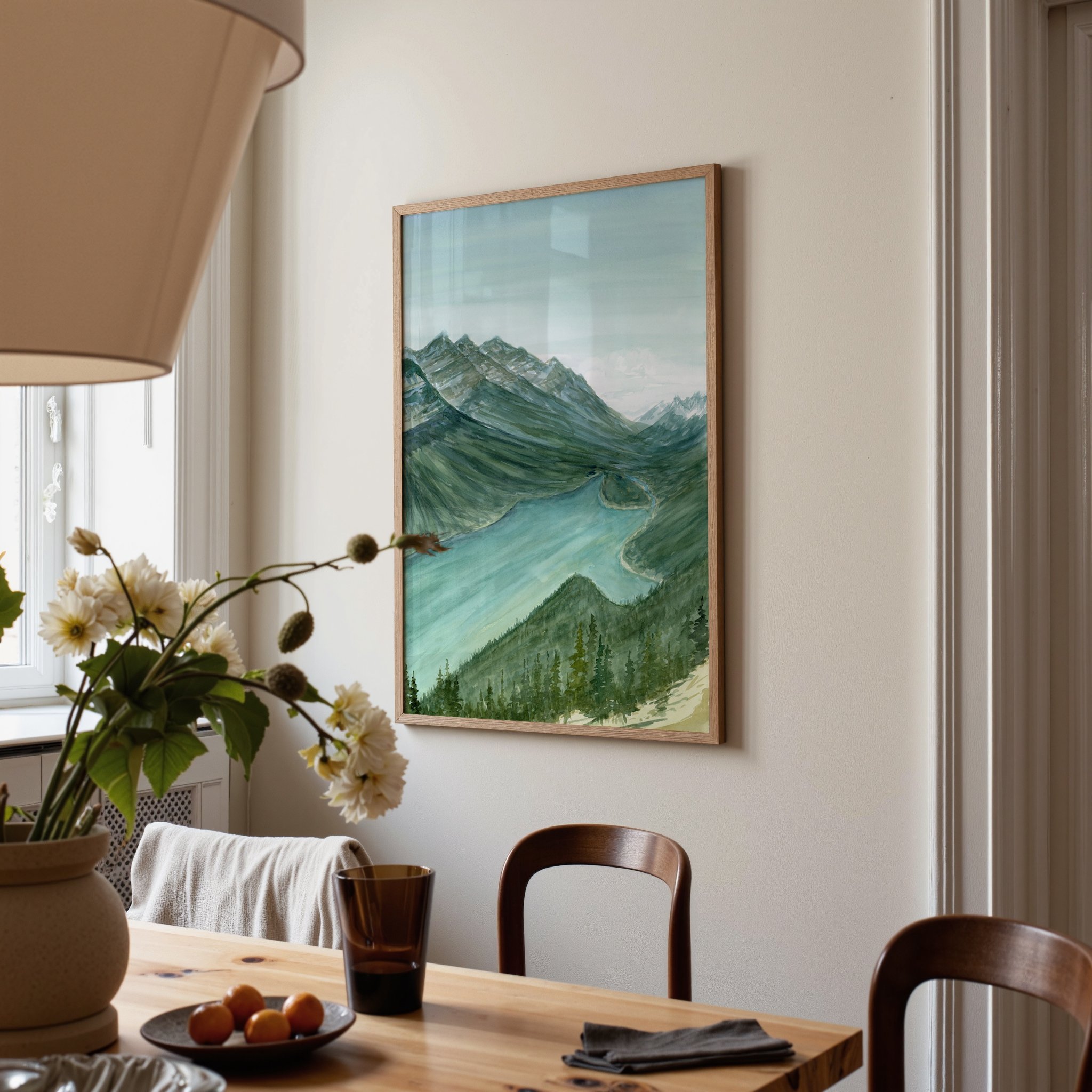 Peyto Lake, Banff National Park watercolor mountain landscape wall art print with turquoise glacier lake and endless towering mountain peaks in the Canadian Rockies hanging in a dining room