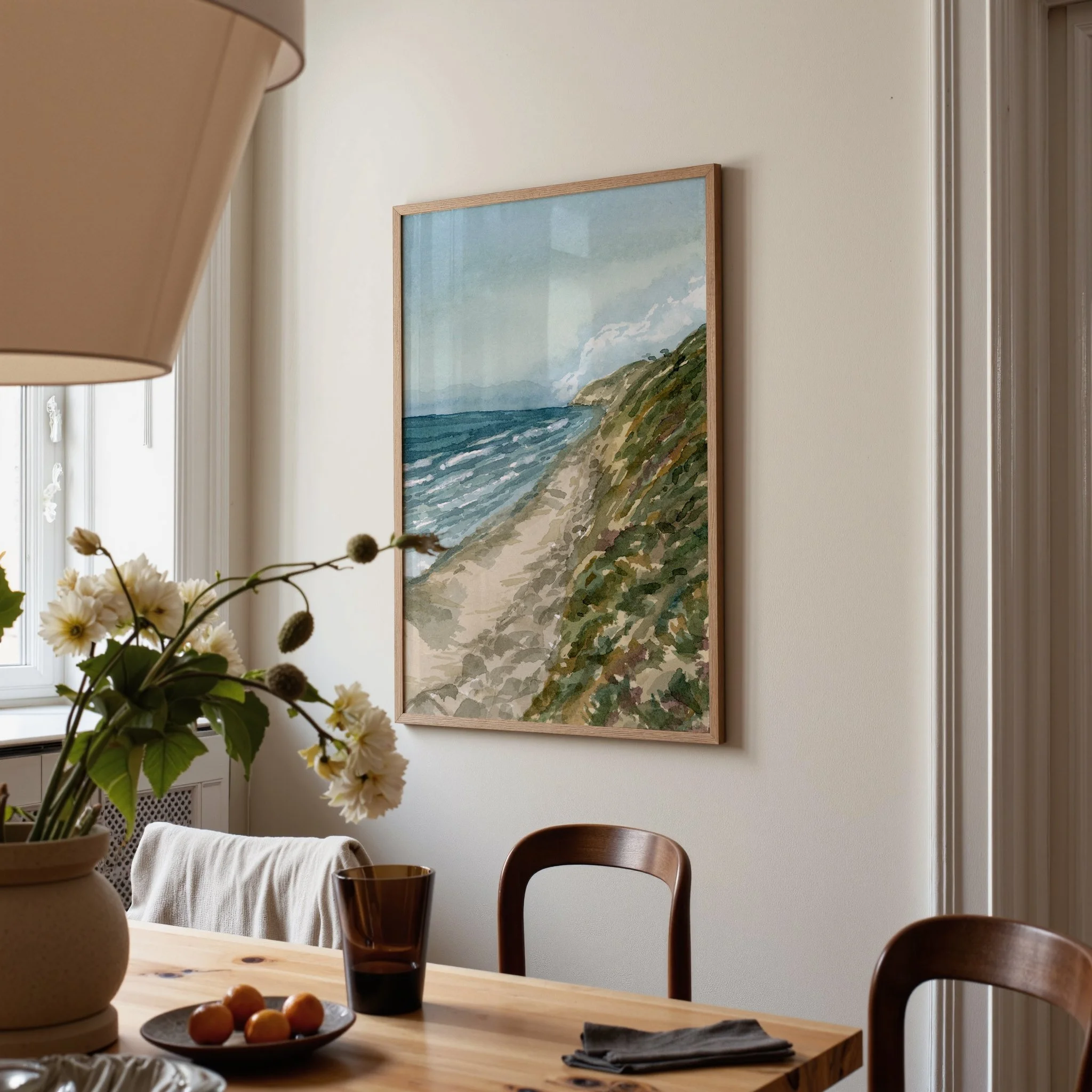Torrey Pines, San Diego coastal watercolor landscape wall art print inspired by a sunny day spent on the beach on the shoreline of Southern California hanging in a dining room