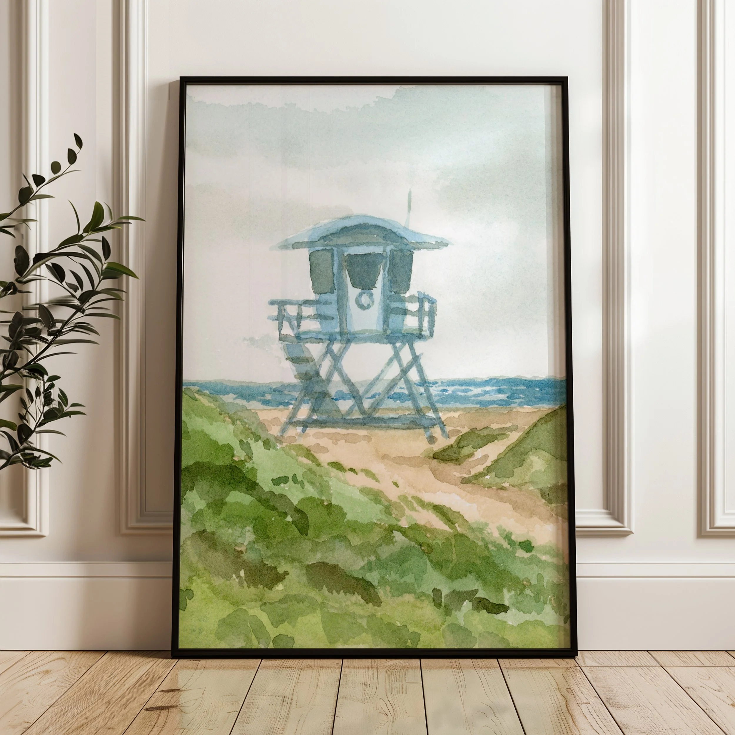 Southern California Lifeguard Tower Coastal Landscape art print in a black frame