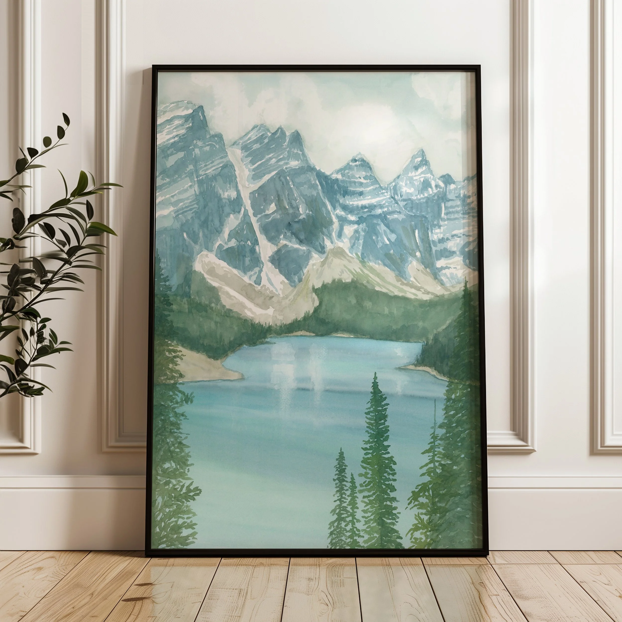 Moraine Lake, Banff National Park, Alberta watercolor mountain landscape wall art print inspired by turquoise glacier lakes and towering mountain peaks displayed in a black frame