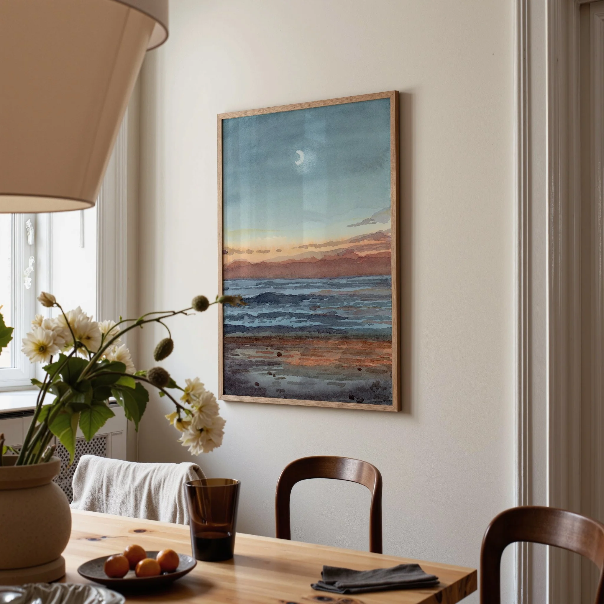Southern California Pacific coast moonlit beach watercolor landscape wall art print inspired by an evening surf on the ocean just after sunset hanging in a dining room