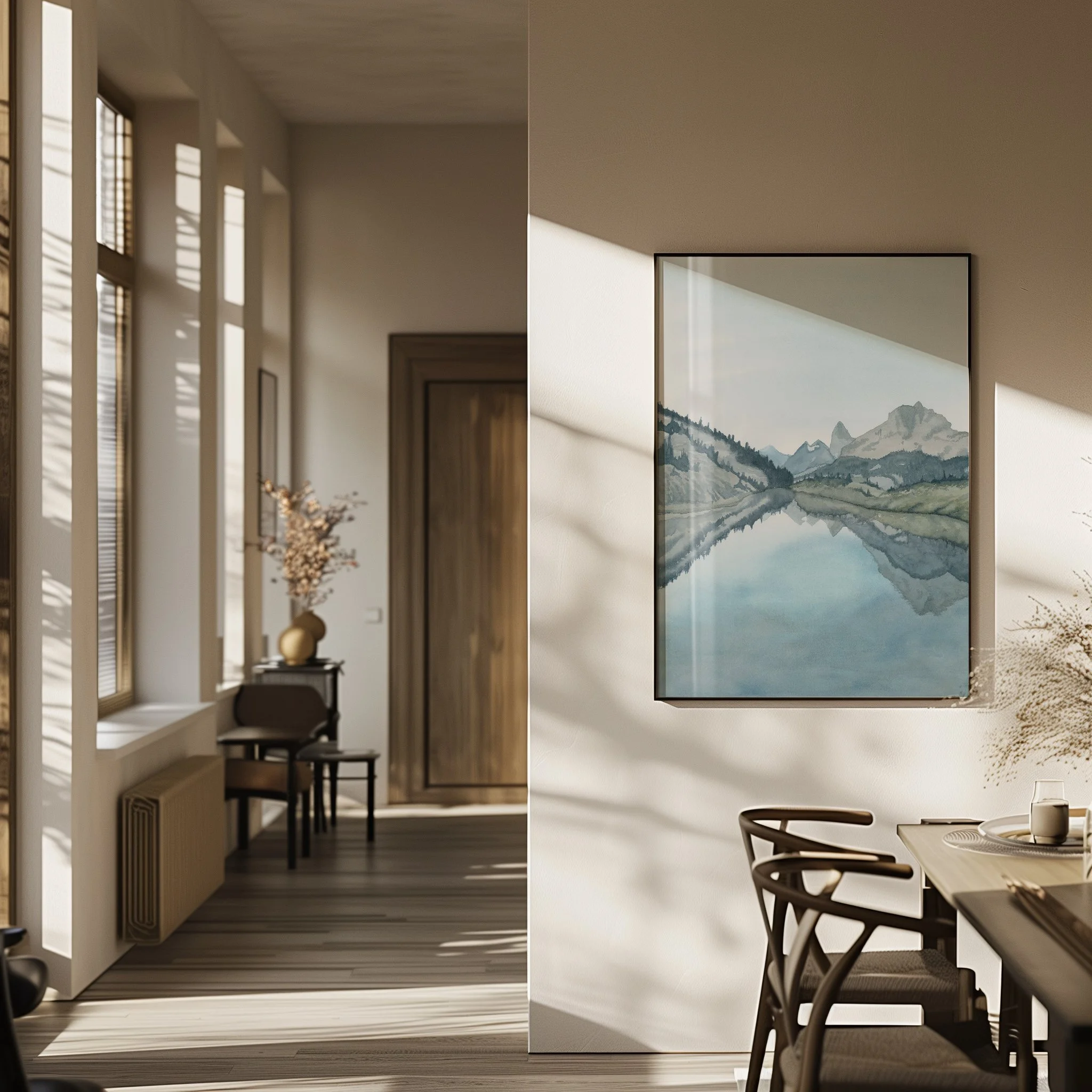 Mount Assiniboine, Banff National Park watercolor mountain landscape wall art print inspired by Canadian Rockies clear blue reflective alpine lakes hanging in a modern home