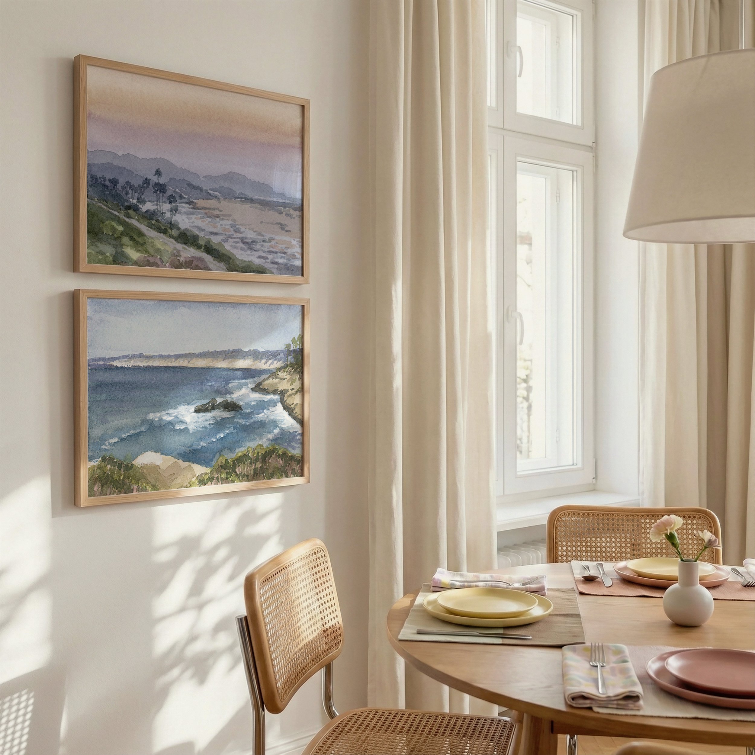 Southern California Coastal Watercolor Landscape Print Pair of Encinitas and La Jolla Cove hanging in a dining room
