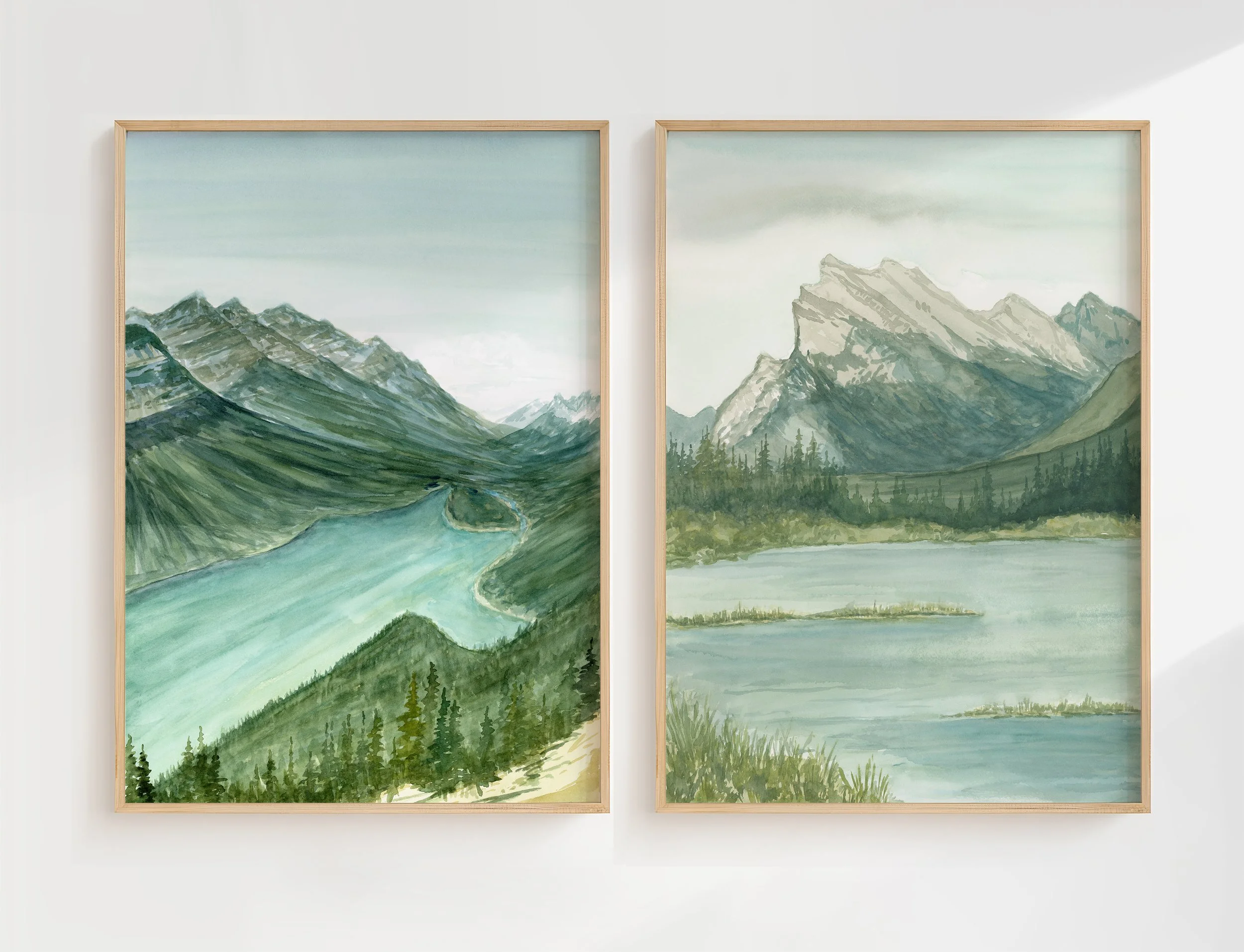 Banff Icons watercolor landscape mountain Print Set including pesto lake and mount rundle