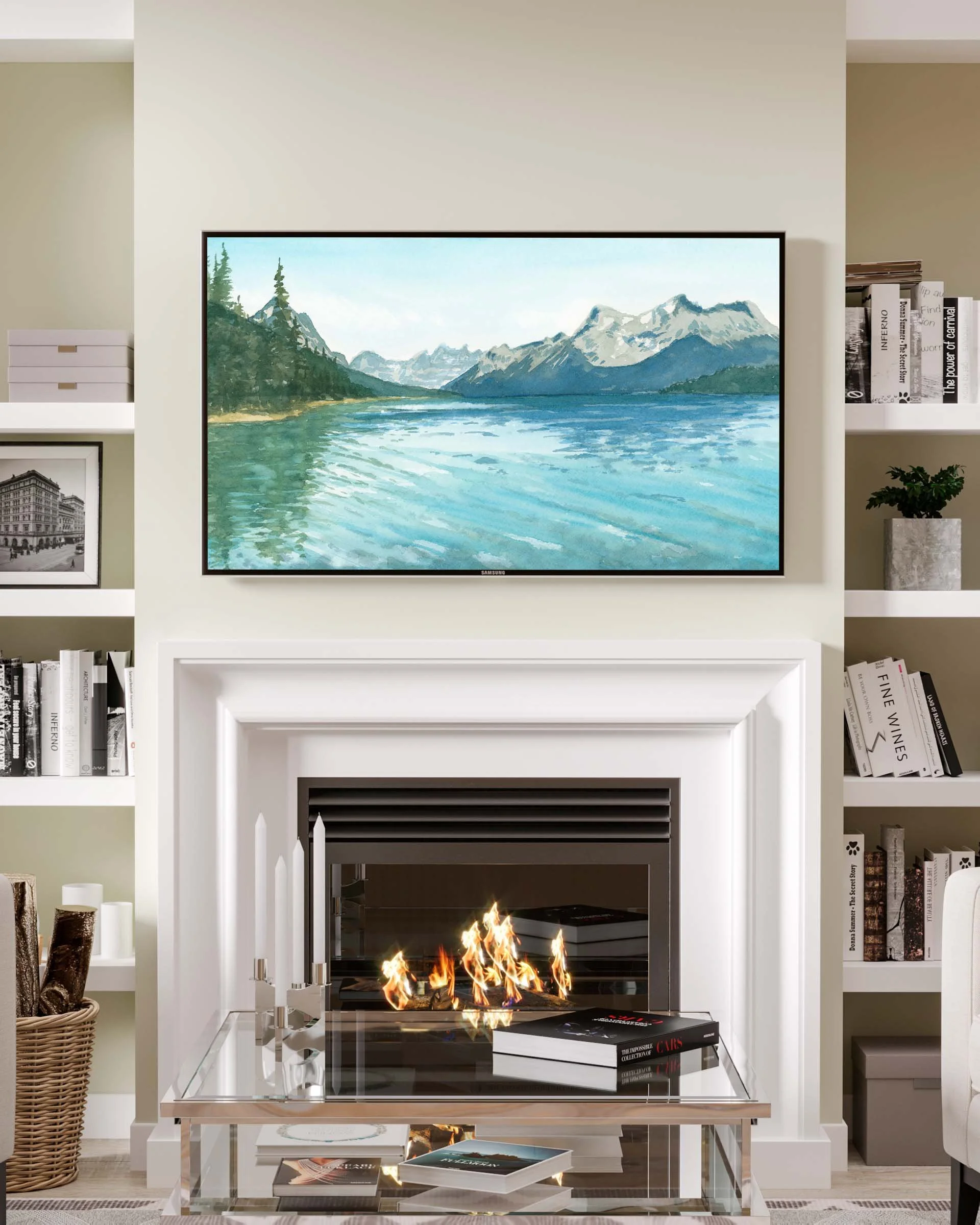 Watercolor Mountain Landscape TV art of Maligne Lake in Jasper National Park, Alberta in a bright white living room with fireplace