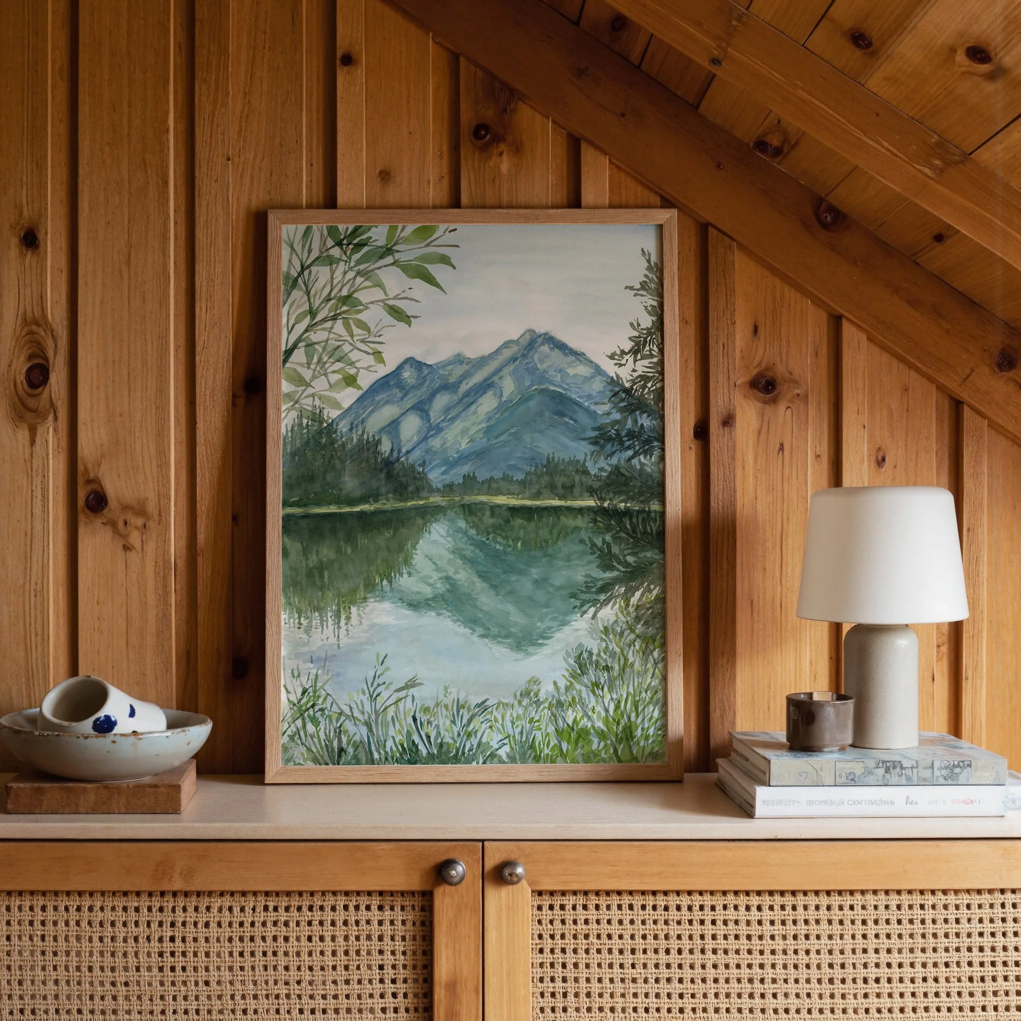Banff national park river walk watercolor nature landscape wall art print of the bow river in the Canadian Rockies framed in a cabin