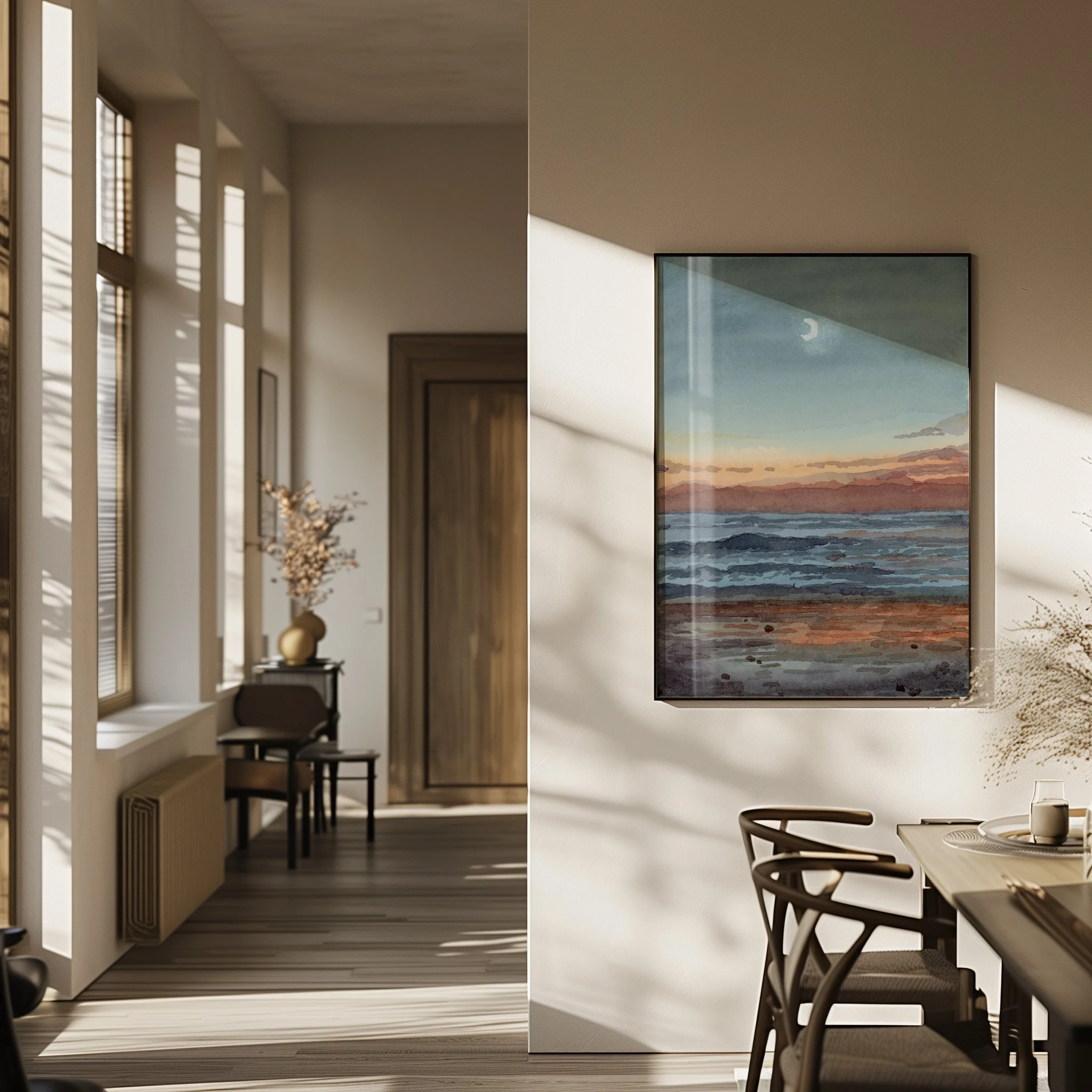 Southern California Pacific coast moonlit beach watercolor landscape wall art print inspired by an evening surf on the ocean just after sunset hanging in a modern home