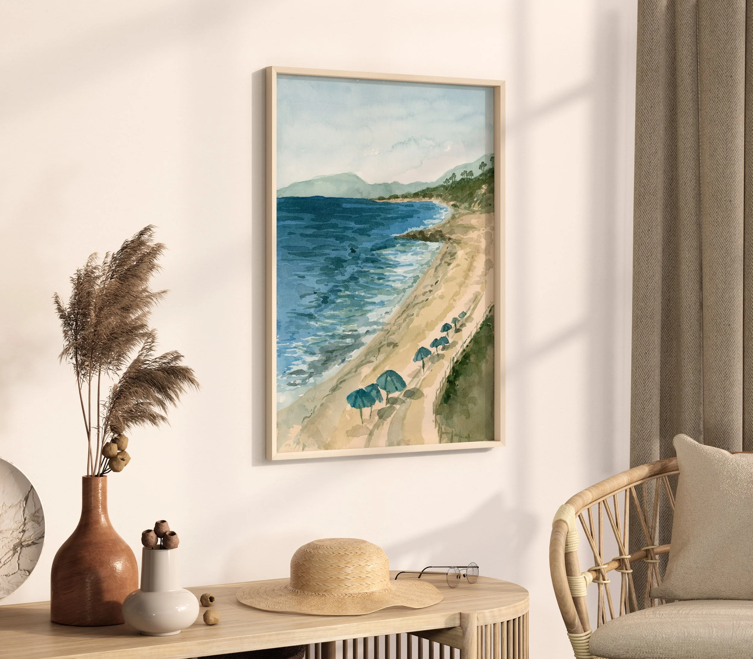 Carlsbad, California coastal watercolor landscape wall art print. San Diego seascape beach Southern California giclee fine art framed and hanging above a buffet