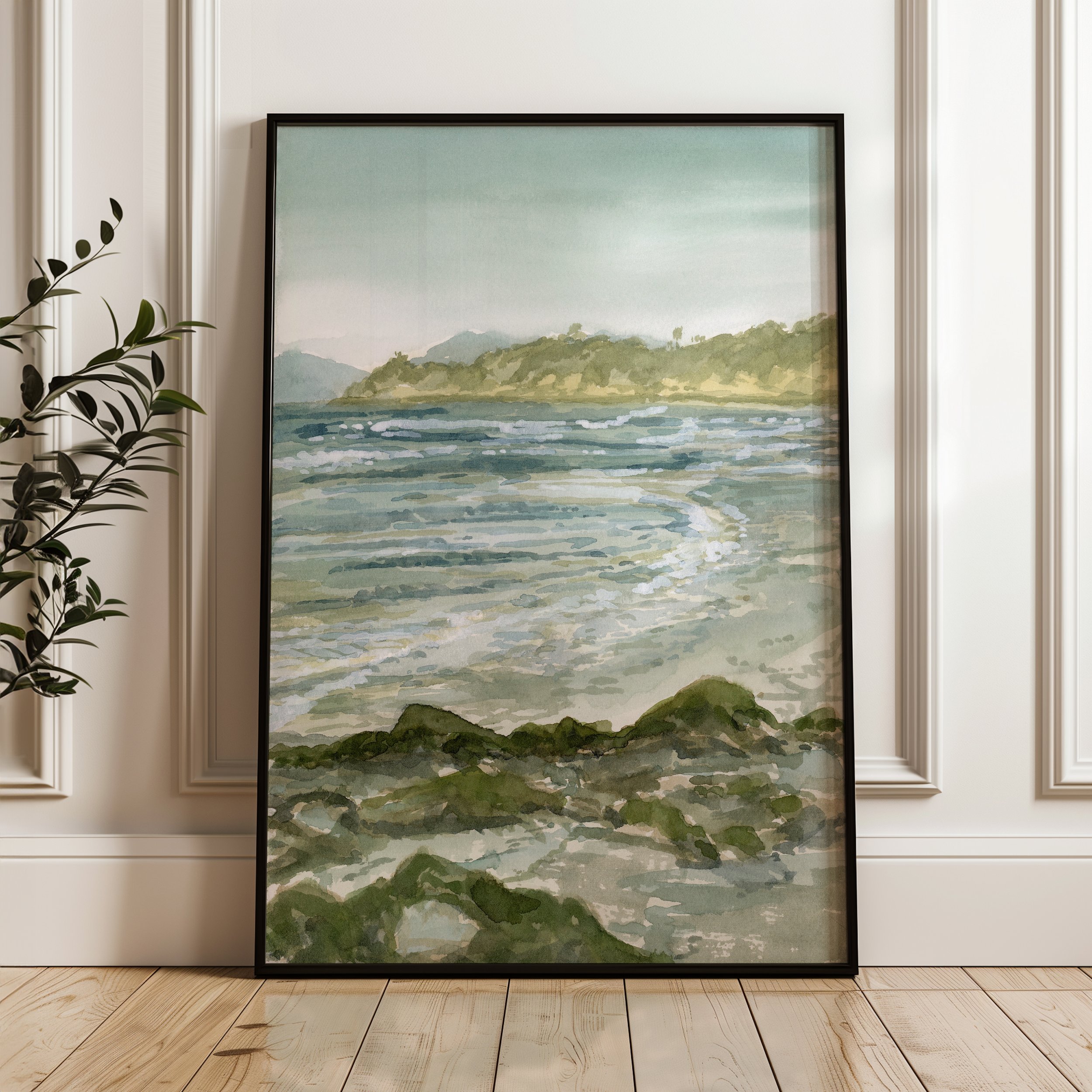 Solana Beach, Encinitas, California coastal watercolor tide pool landscape wall art print. Inspired by soft blues and greens of the Pacific Ocean displayed in a black frame