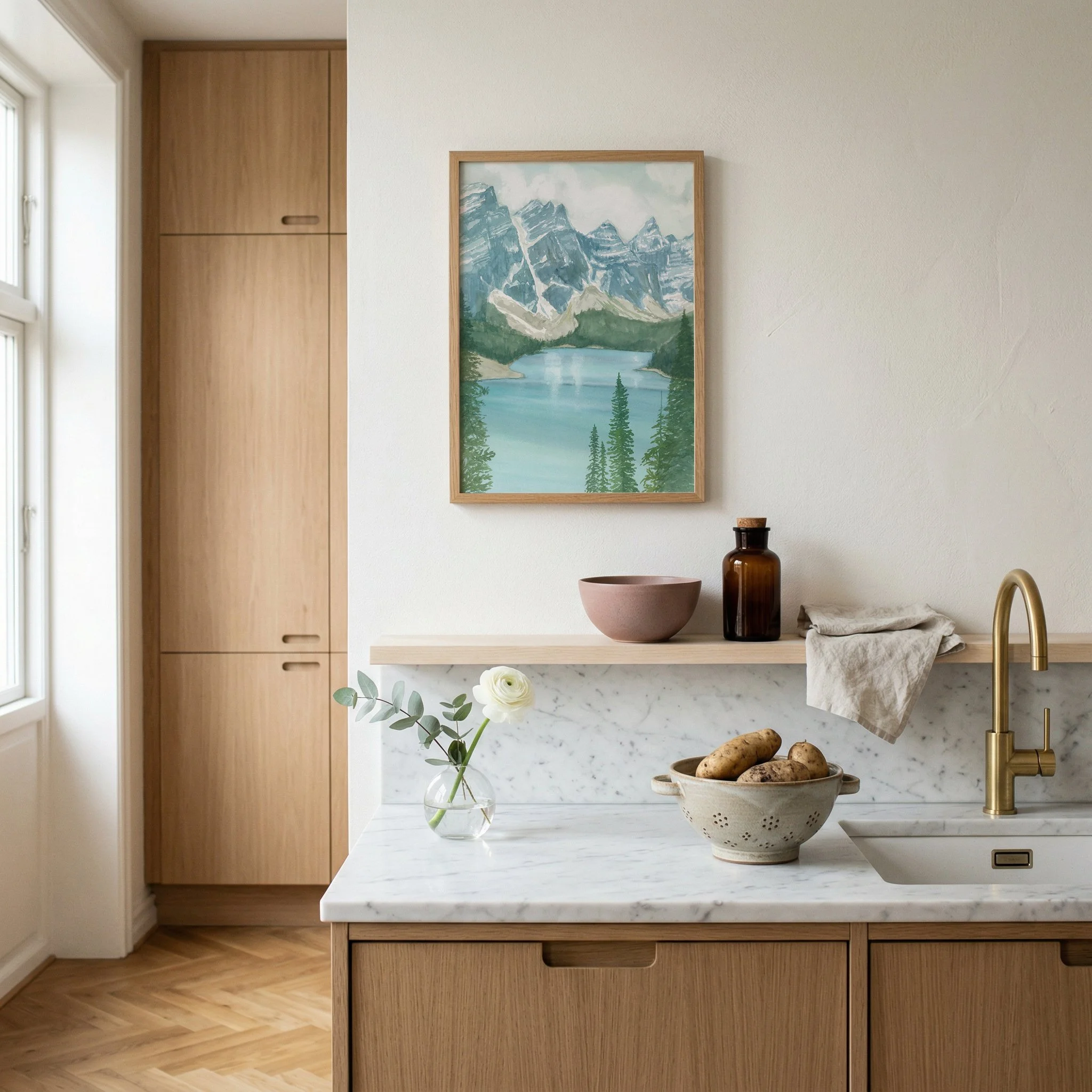 Moraine Lake, Banff National Park, Alberta watercolor mountain landscape wall art print inspired by turquoise glacier lakes and towering mountain peaks hanging in a kitchen