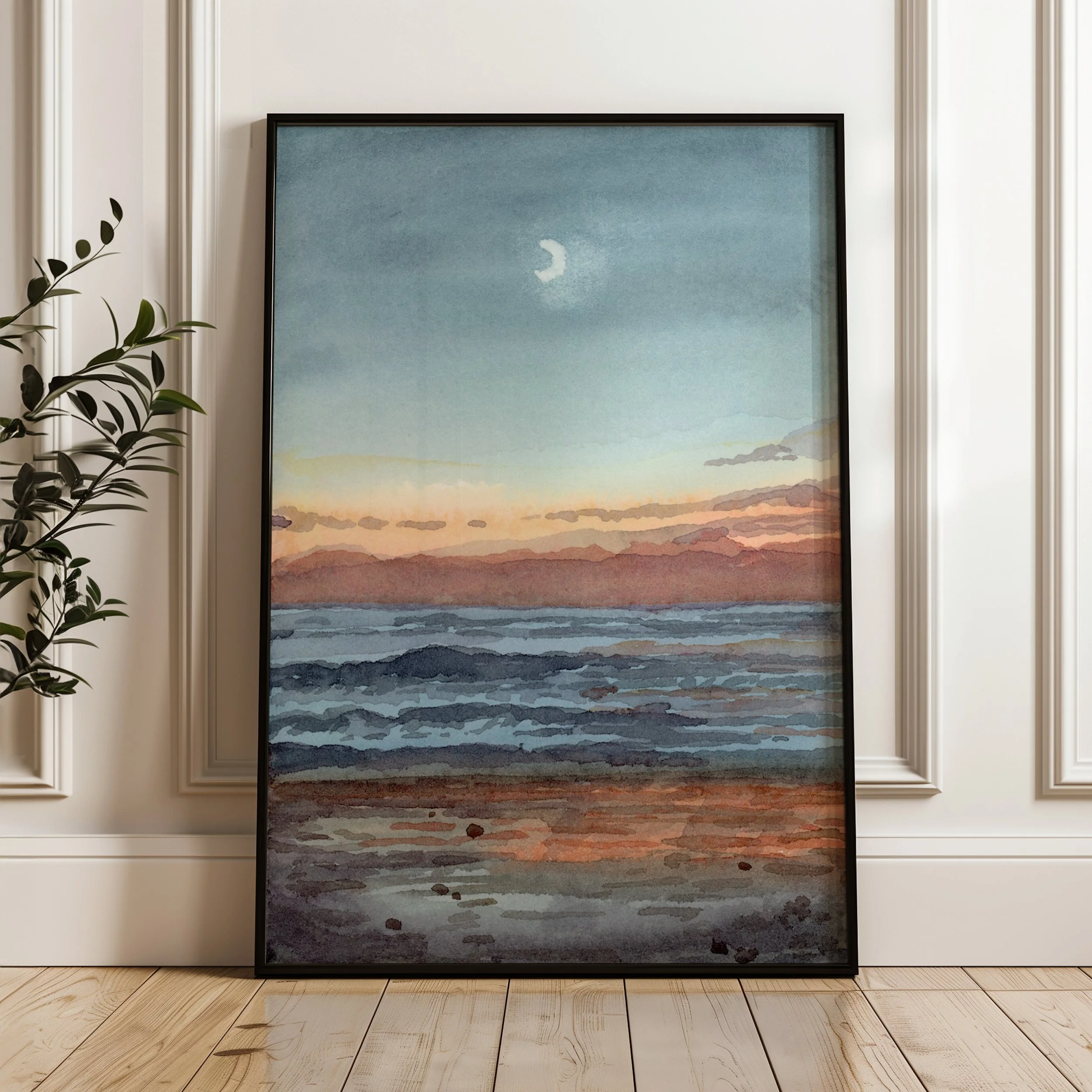 Southern California Pacific coast moonlit beach watercolor landscape wall art print inspired by an evening surf on the ocean just after sunset displayed in a black frame