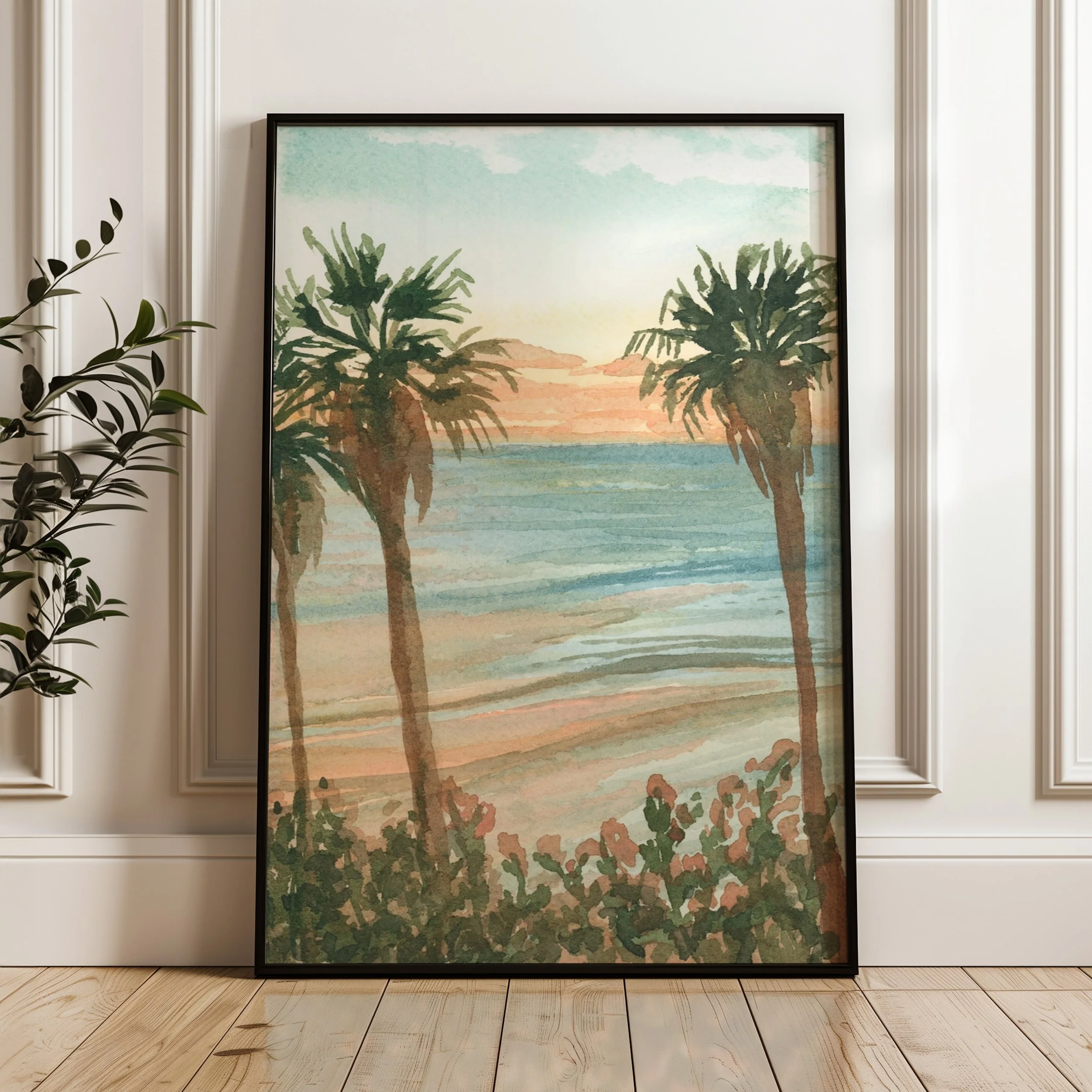 Southern California palm tree coastal sunset watercolor landscape wall art print inspired by vibrant sunsets on the Pacific Ocean in a black frame