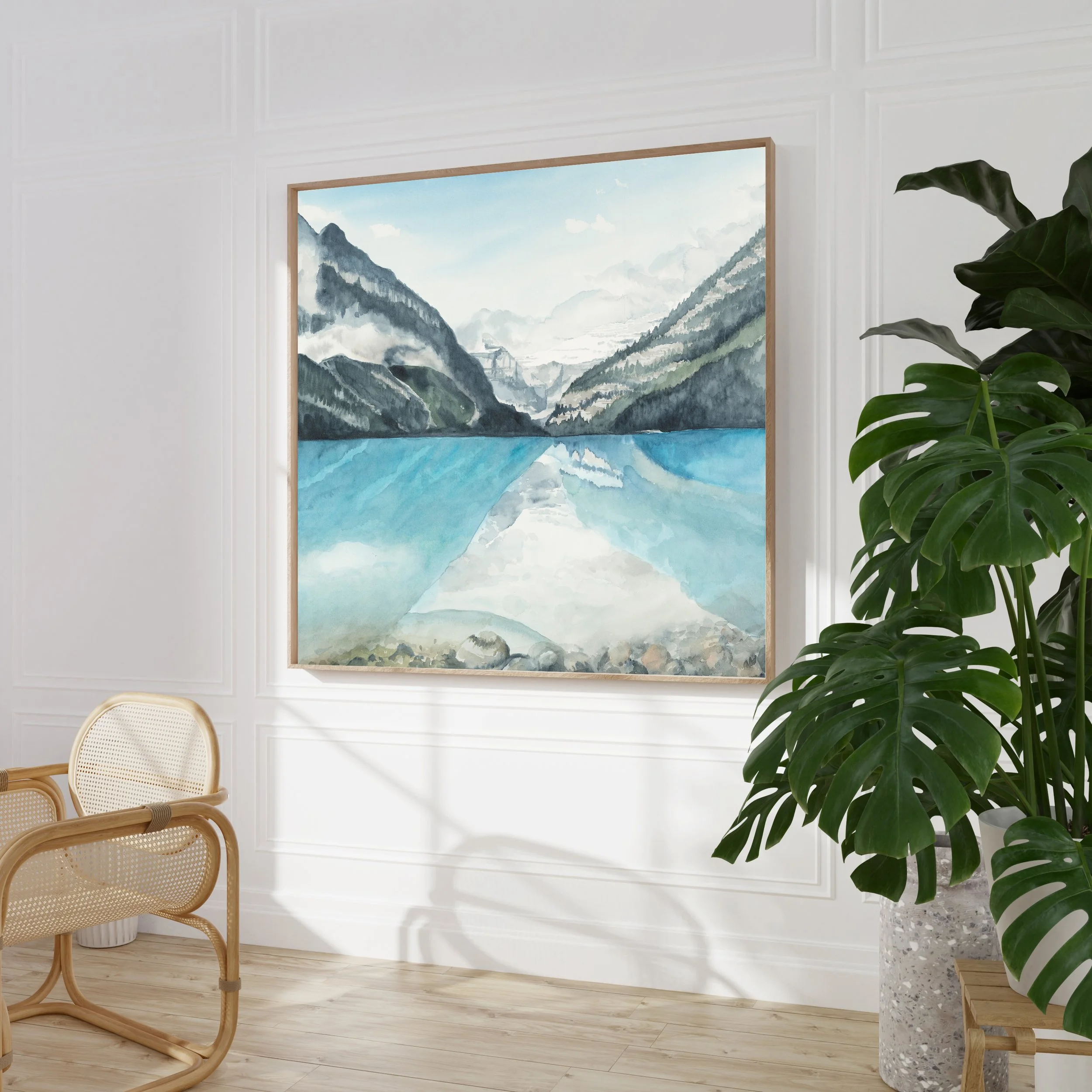 Lake Louise Canadian Rocky Mountain watercolor landscape wall art print. Banff National Park, Alberta turquoise glacier lake nature inspired giclee art hanging in large size