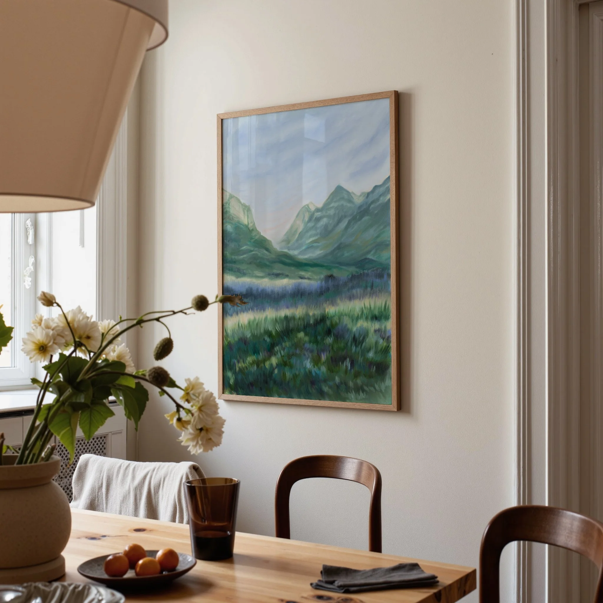 Waterton National Park mountain landscape wall art print inspired by the lush meadows and towering mountain peaks in Waterton, Alberta hanging in a dining room