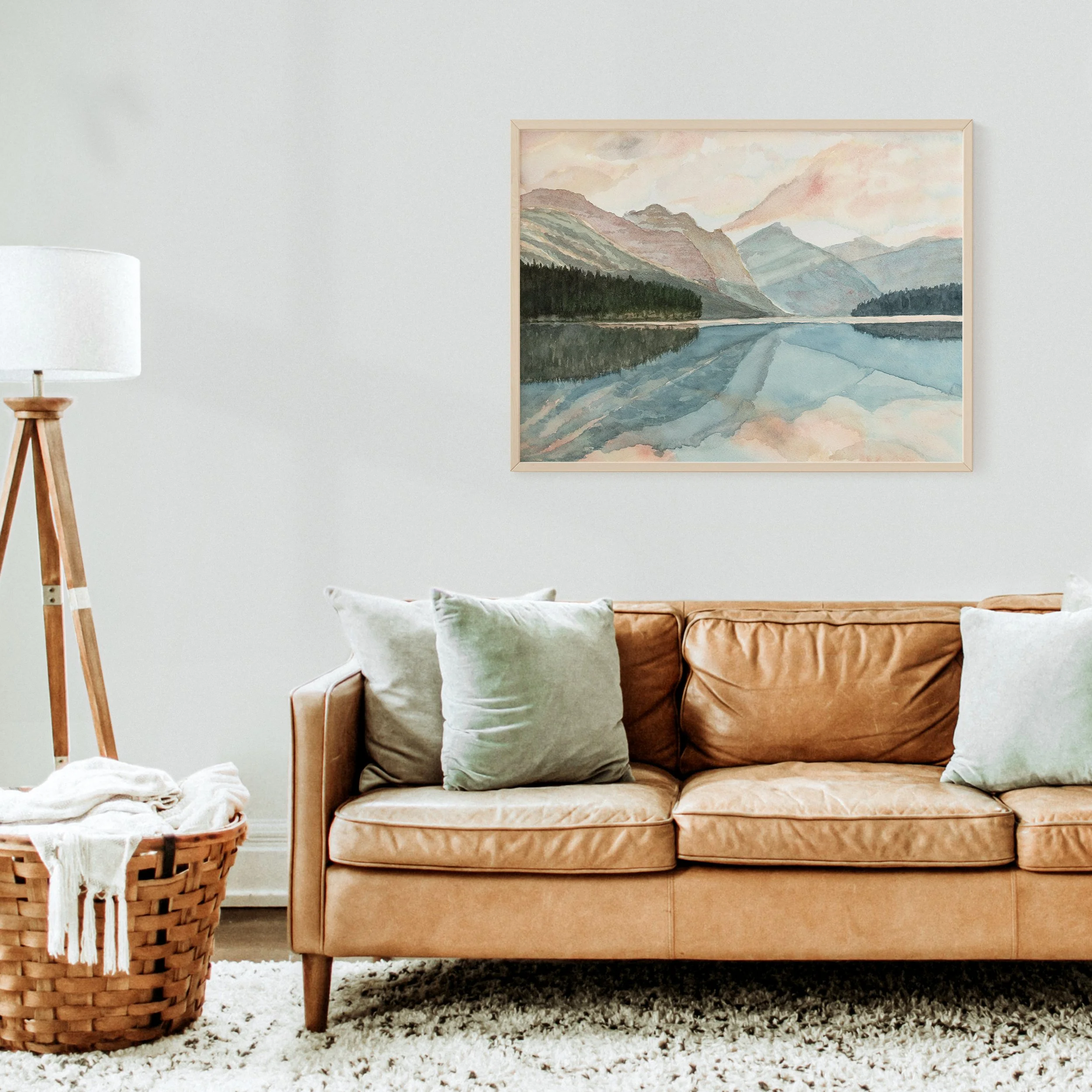 Framed Watercolour Art Print of Waterton Lakes National Park in Alberta hanging on a wall above a couch