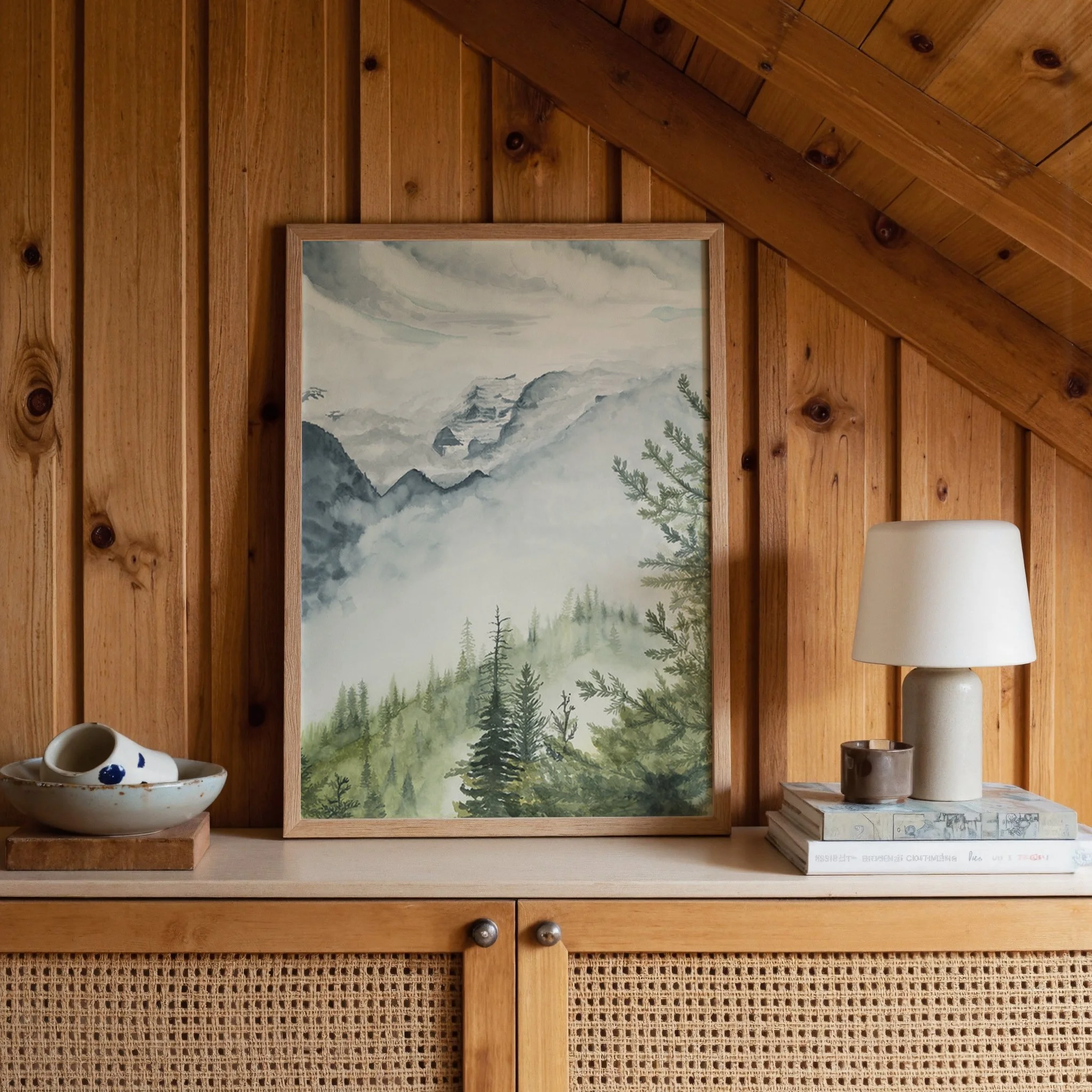 Banff National Park misty mountain atmospheric watercolor landscape wall art print inspired by the hiking summit on Canadian Rockies in winter hanging in a cabin