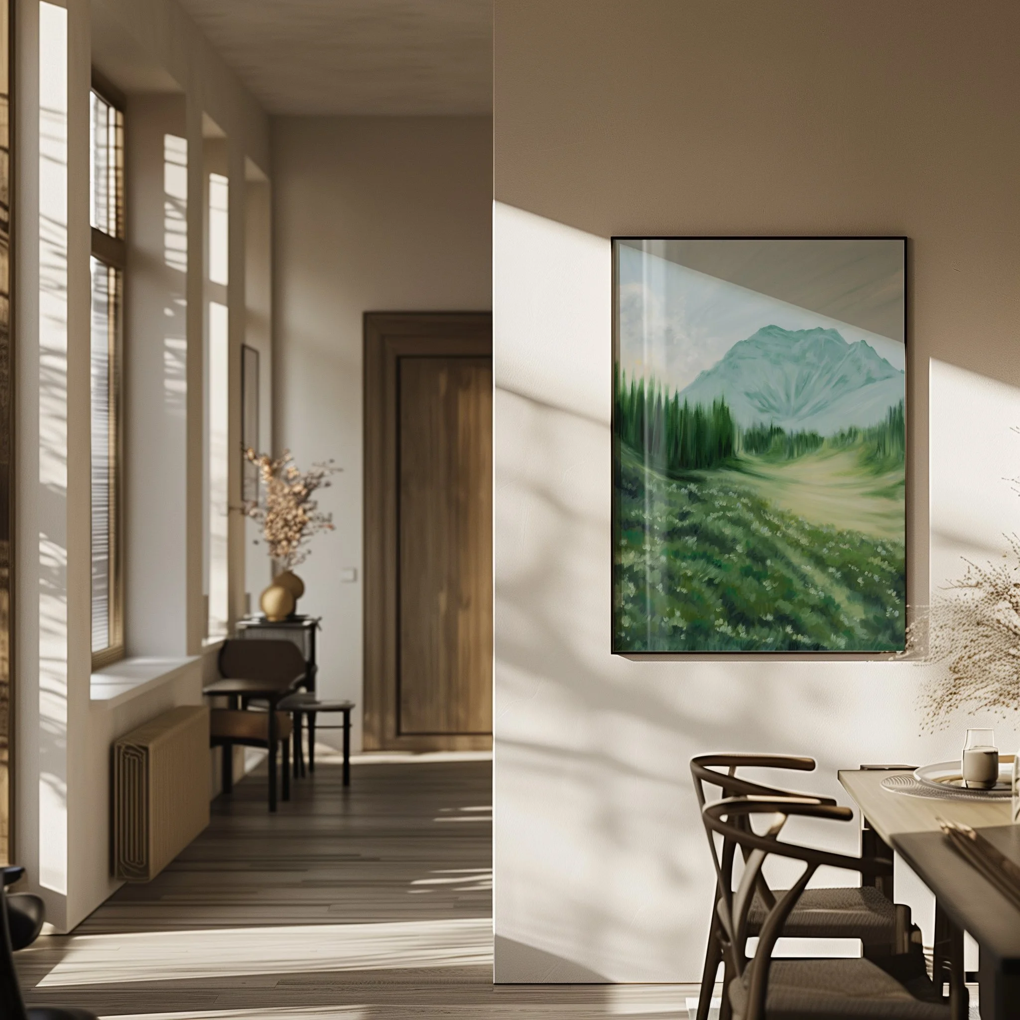 Cascade Mountain oil landscape wall art print in Banff National Park Canadian Rockies. View from Johnson Lake, Alberta giclee oil painting reproductions hanging in a modern house