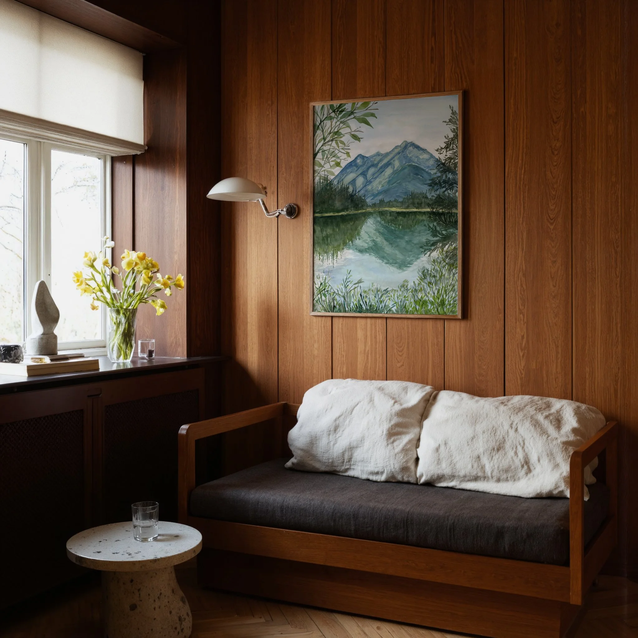 Banff national park river walk watercolor nature landscape wall art print of the bow river in the Canadian Rockies framed in a cabin