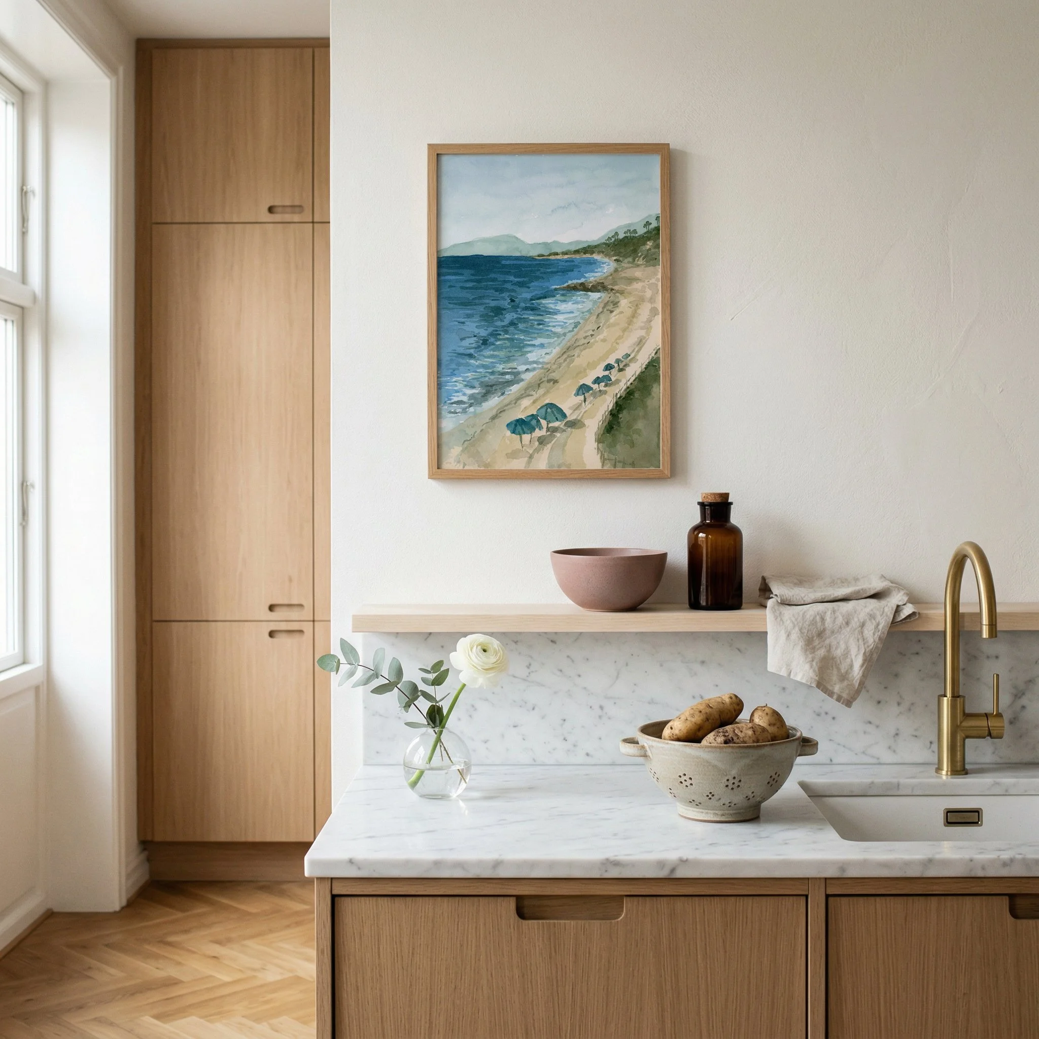 Carlsbad, California coastal watercolor landscape wall art print. San Diego seascape beach Southern California giclee fine art framed and hanging in a kitchen