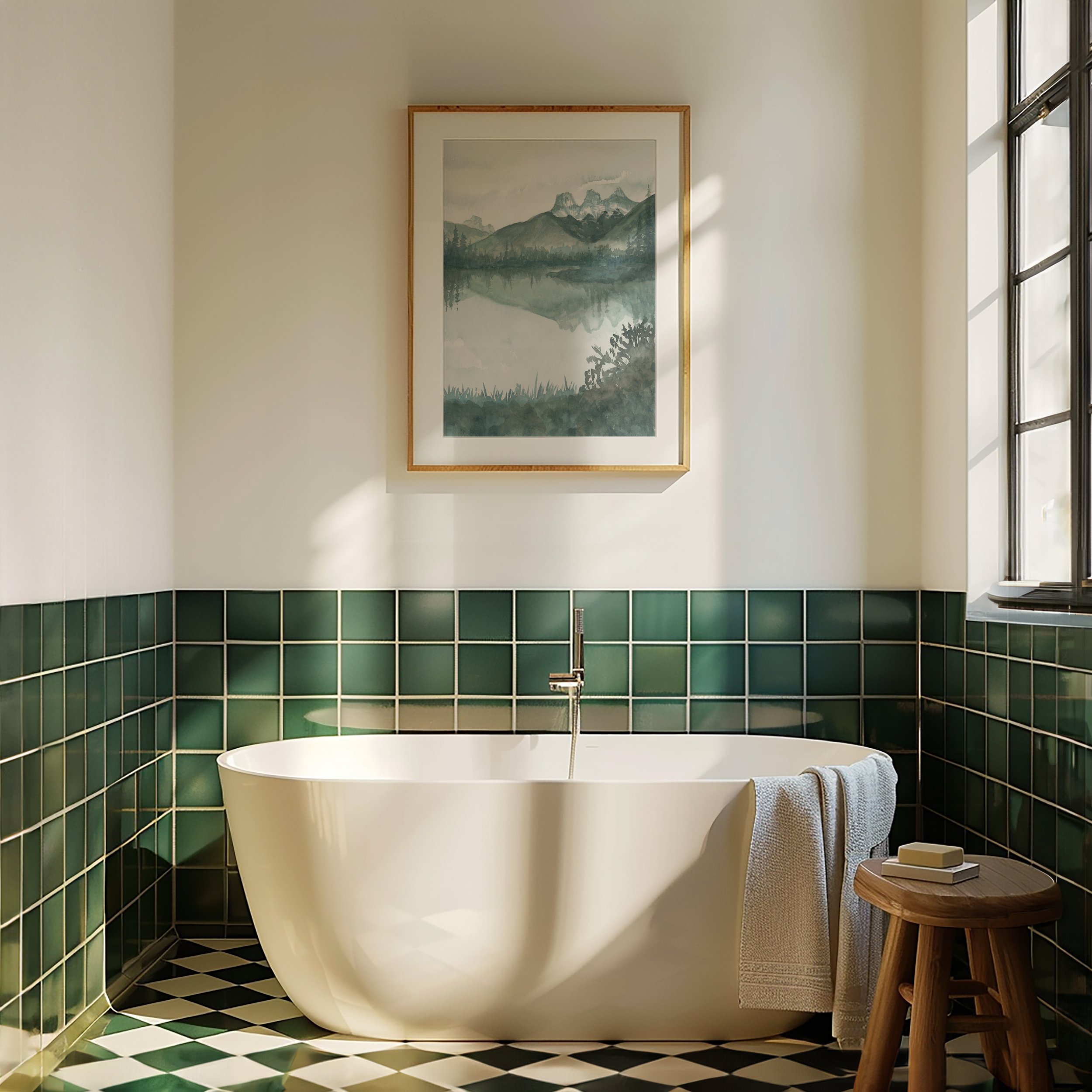 Three Sisters mountain, Canmore watercolor landscape wall art print. Mountain lake reflection giclee in Alberta, Canadian Rockies hanging in a bathroom