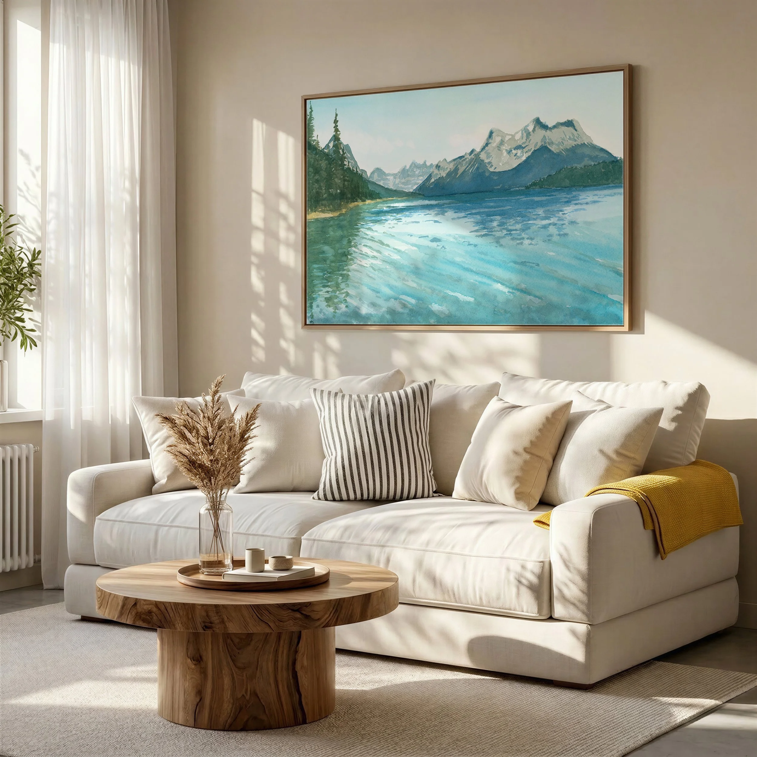Maligne Lake Jasper National Park Watercolor Landscape Painting hanging above a couch in a living room
