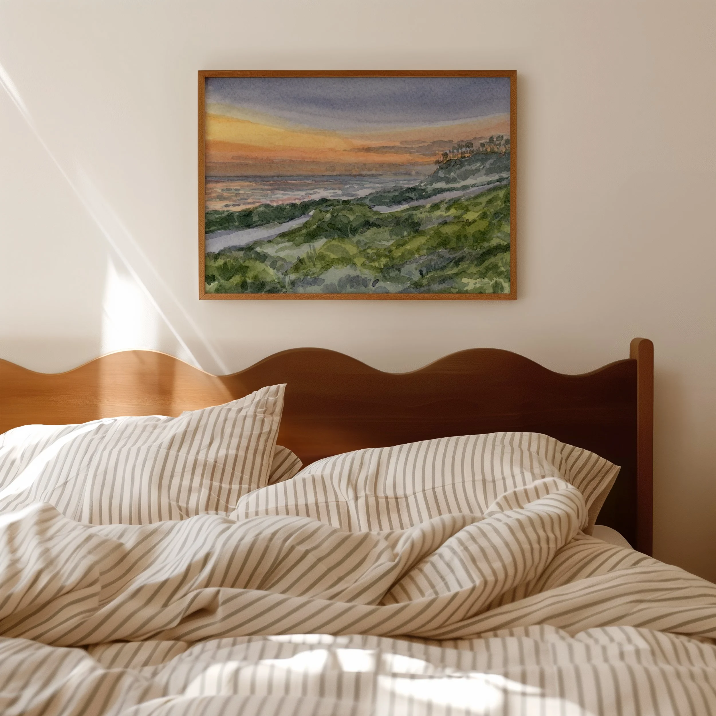 Encinitas, California coastal sunset watercolor landscape wall art print. Pacific Ocean rail trail beach decor from Southern California hanging in a bedroom