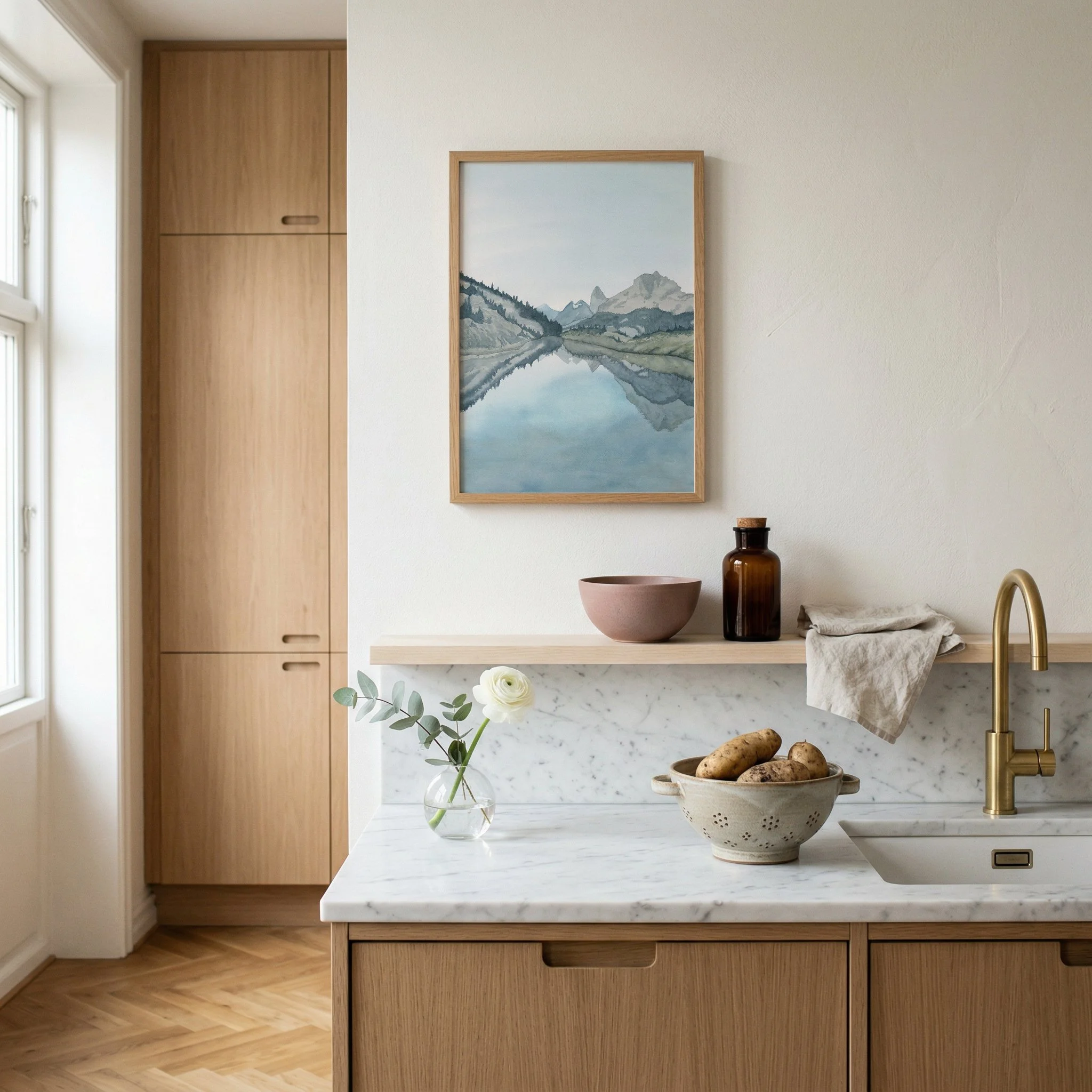 Mount Assiniboine, Banff National Park watercolor mountain landscape wall art print inspired by Canadian Rockies clear blue reflective alpine lakes hanging in a kitchen