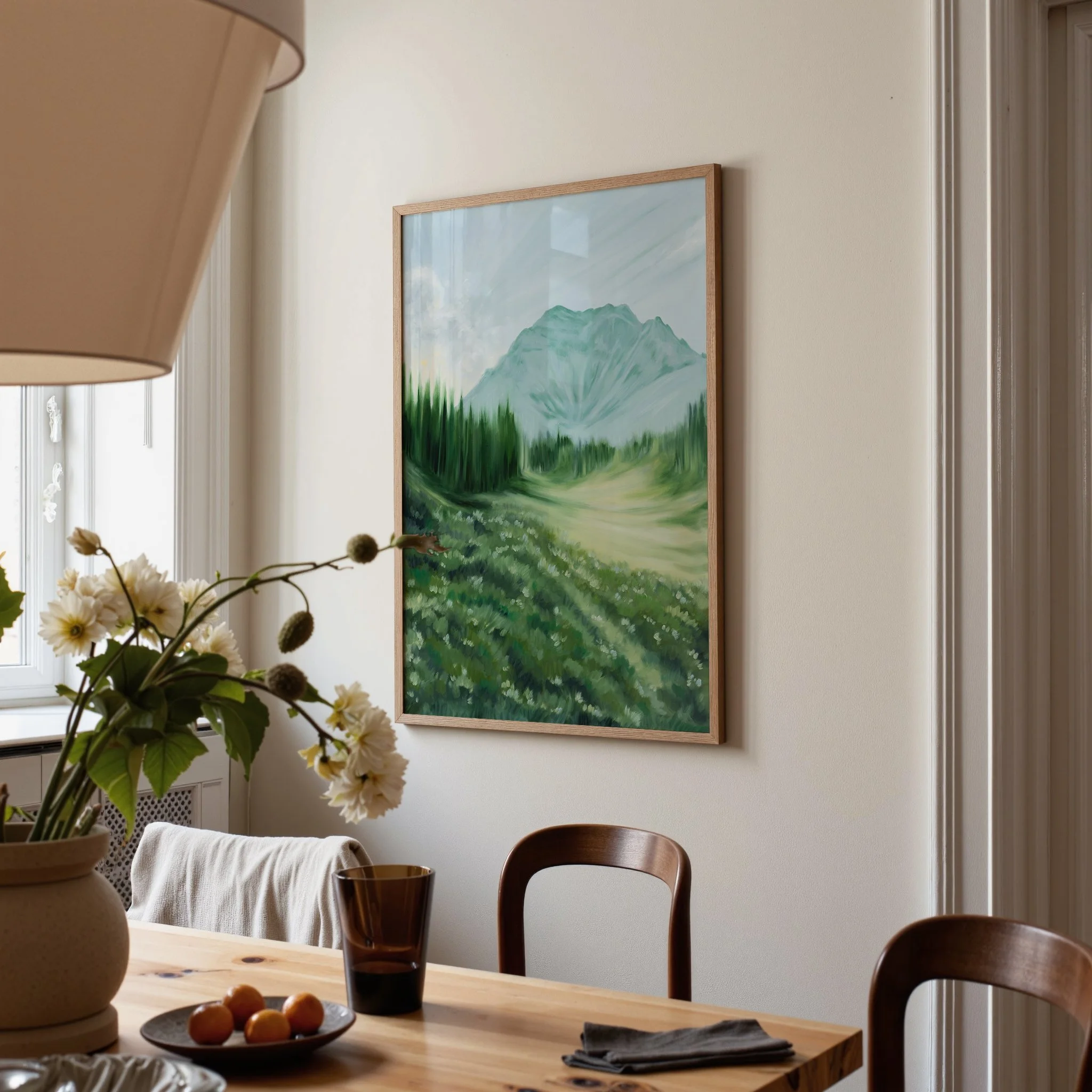 Cascade Mountain oil landscape wall art print in Banff National Park Canadian Rockies. View from Johnson Lake, Alberta giclee oil painting reproductions hanging in a dining room