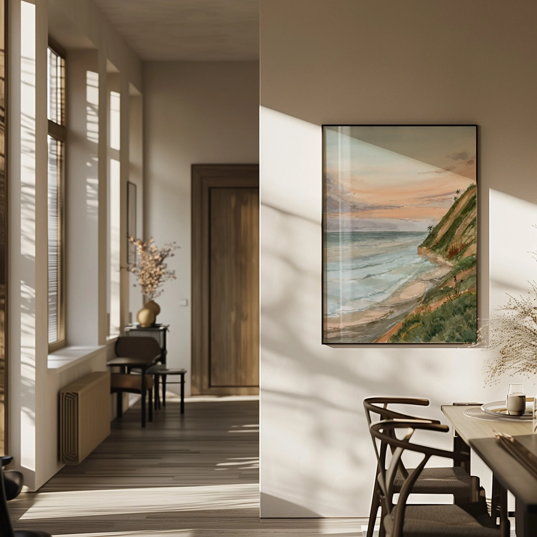 Leucadia Beach, San Diego coastal watercolor landscape wall art print. California sunset seascape ocean giclee artwork hanging in a modern home