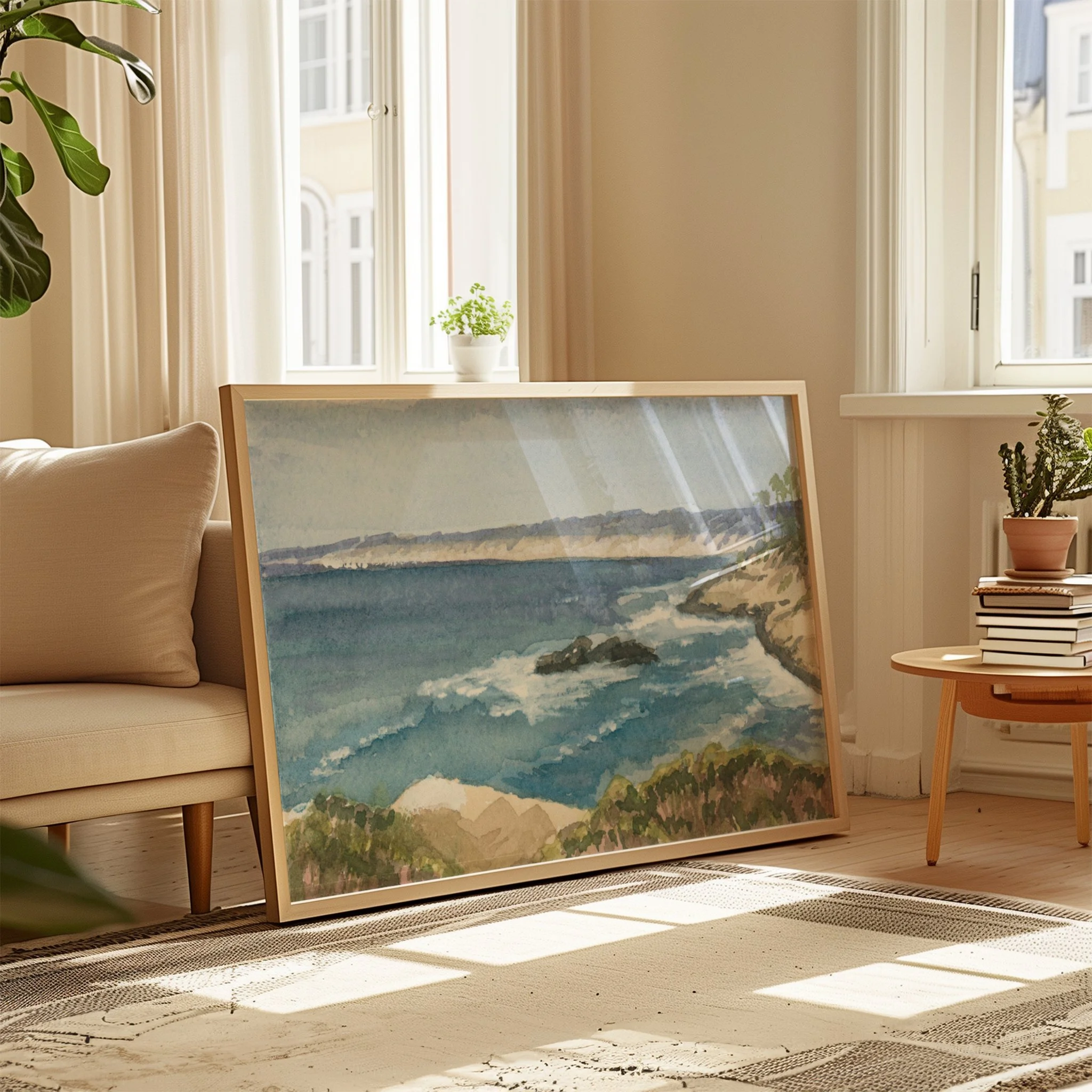 La Jolla, California coastal watercolor landscape wall art print. San Diego cliffside beach giclee fine art large size in a living room