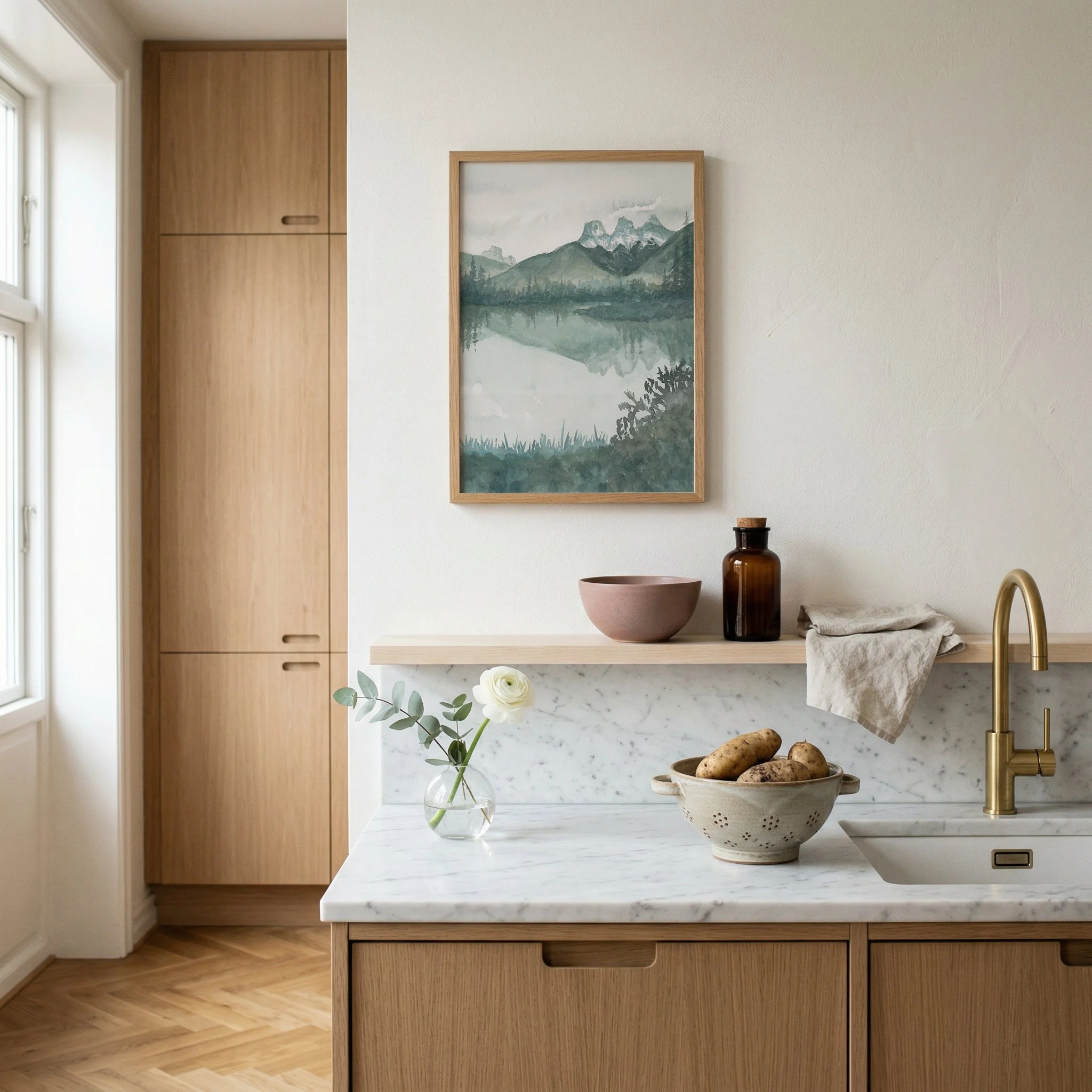 Three Sisters mountain, Canmore watercolor landscape wall art print. Mountain lake reflection giclee in Alberta, Canadian Rockies hanging in a kitchen