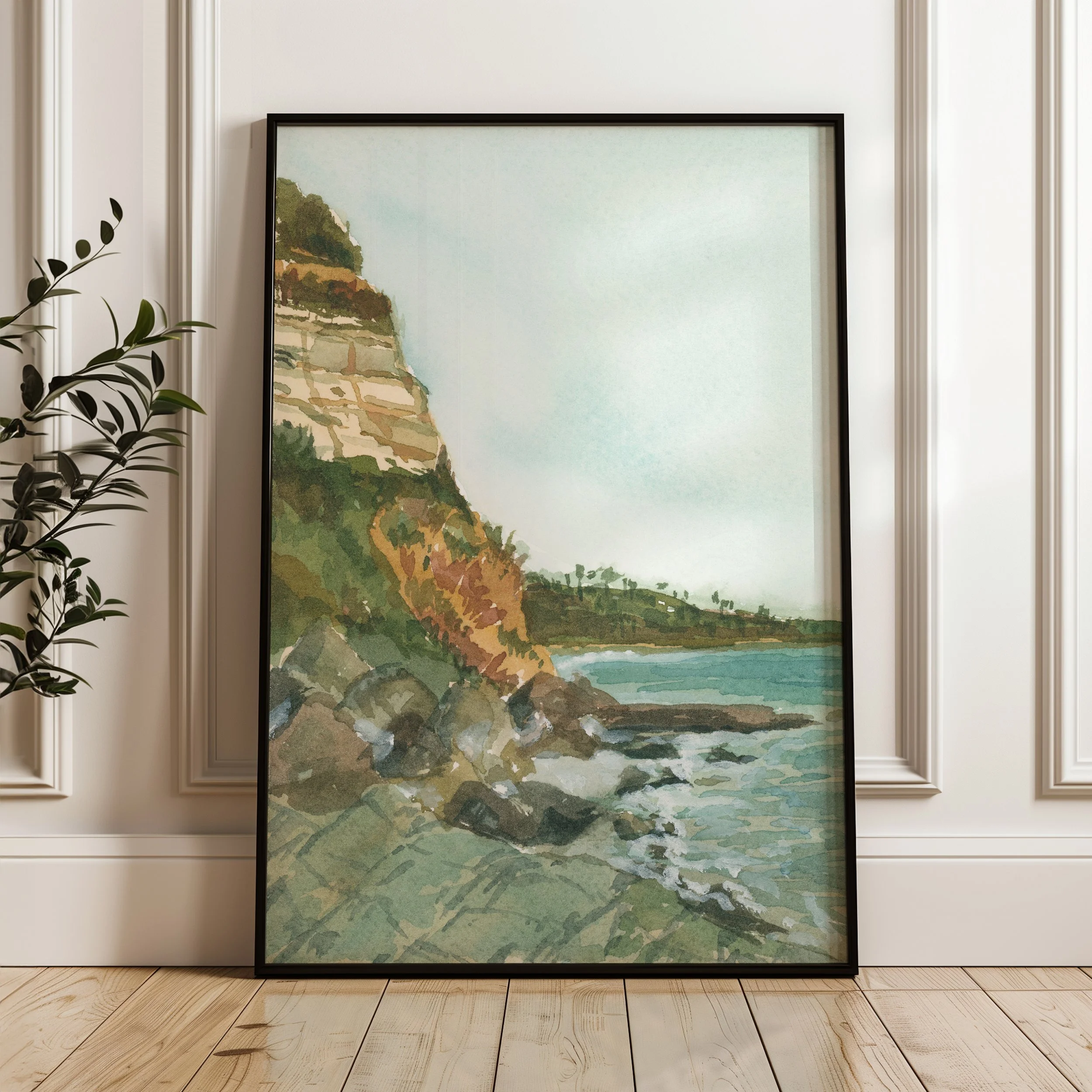 Swami's Beach, Encinitas coastal watercolor landscape wall art print inspired by Southern California's vibrant coastline along the Pacific Ocean in a black frame