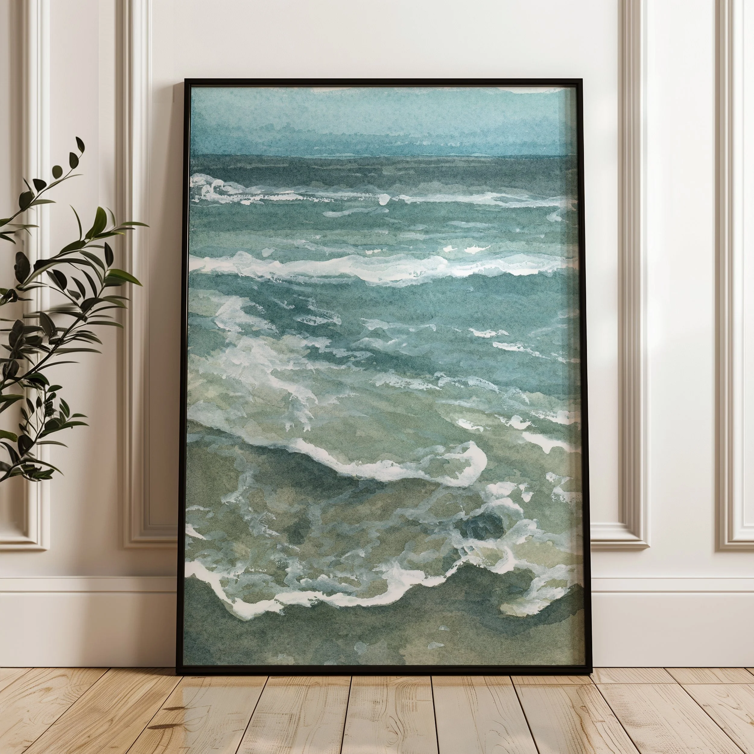 Low Tide Southern California ocean seascape watercolor wall art print. Calm tidepool coastal decor giclee displayed in a black frame