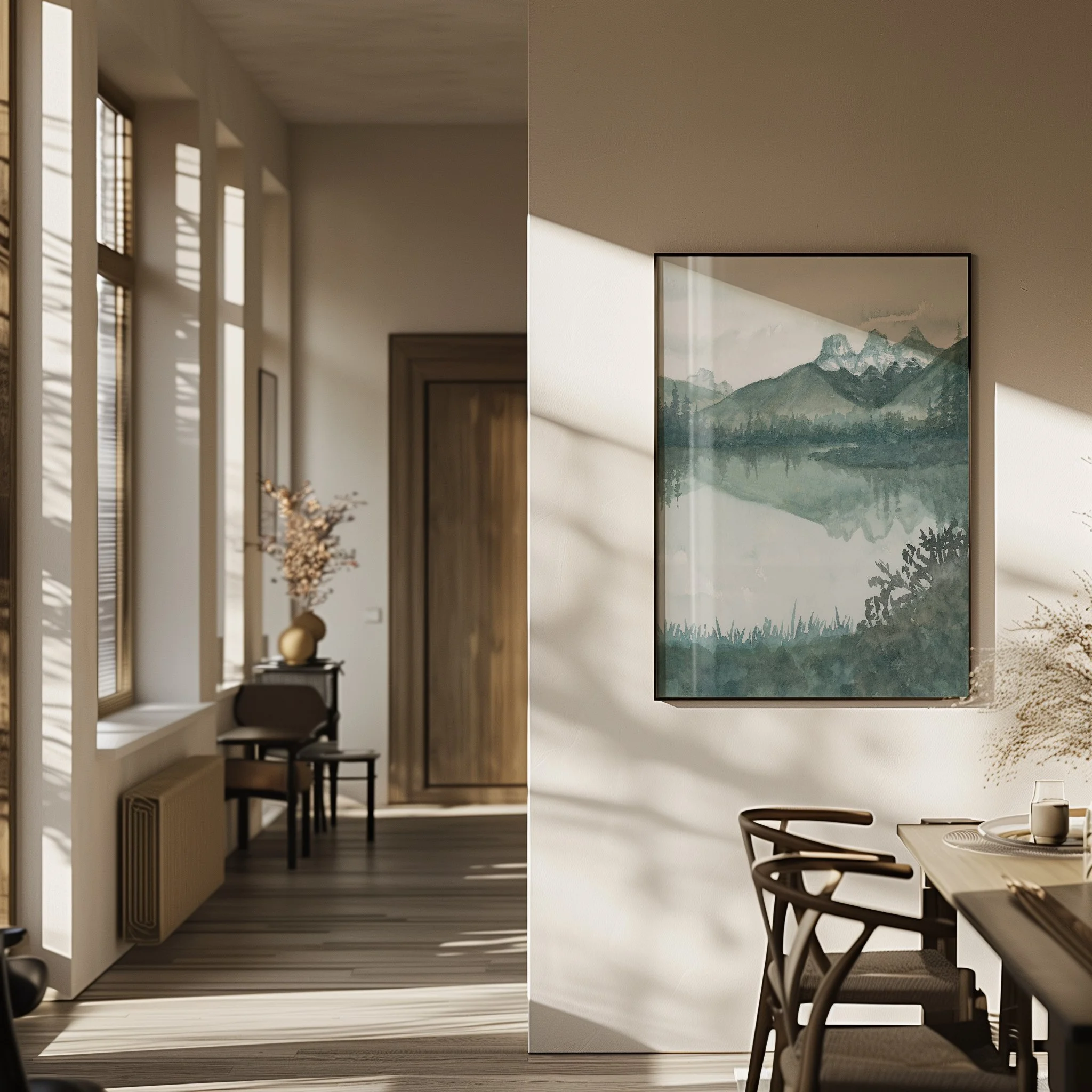 Three Sisters mountain, Canmore watercolor landscape wall art print. Mountain lake reflection giclee in Alberta, Canadian Rockies in a modern home