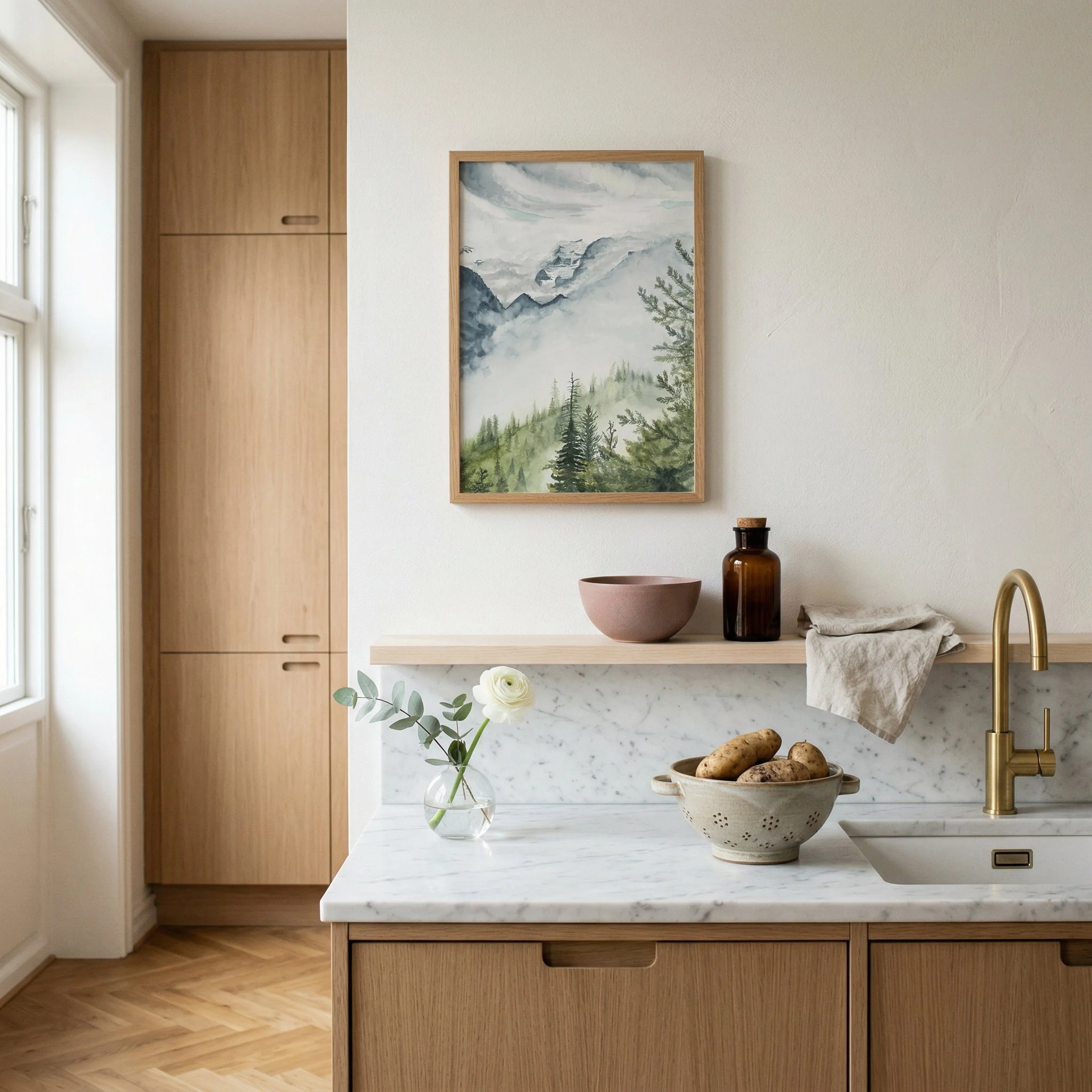 Banff National Park misty mountain atmospheric watercolor landscape wall art print inspired by the hiking summit on Canadian Rockies in winter hanging in a kitchen