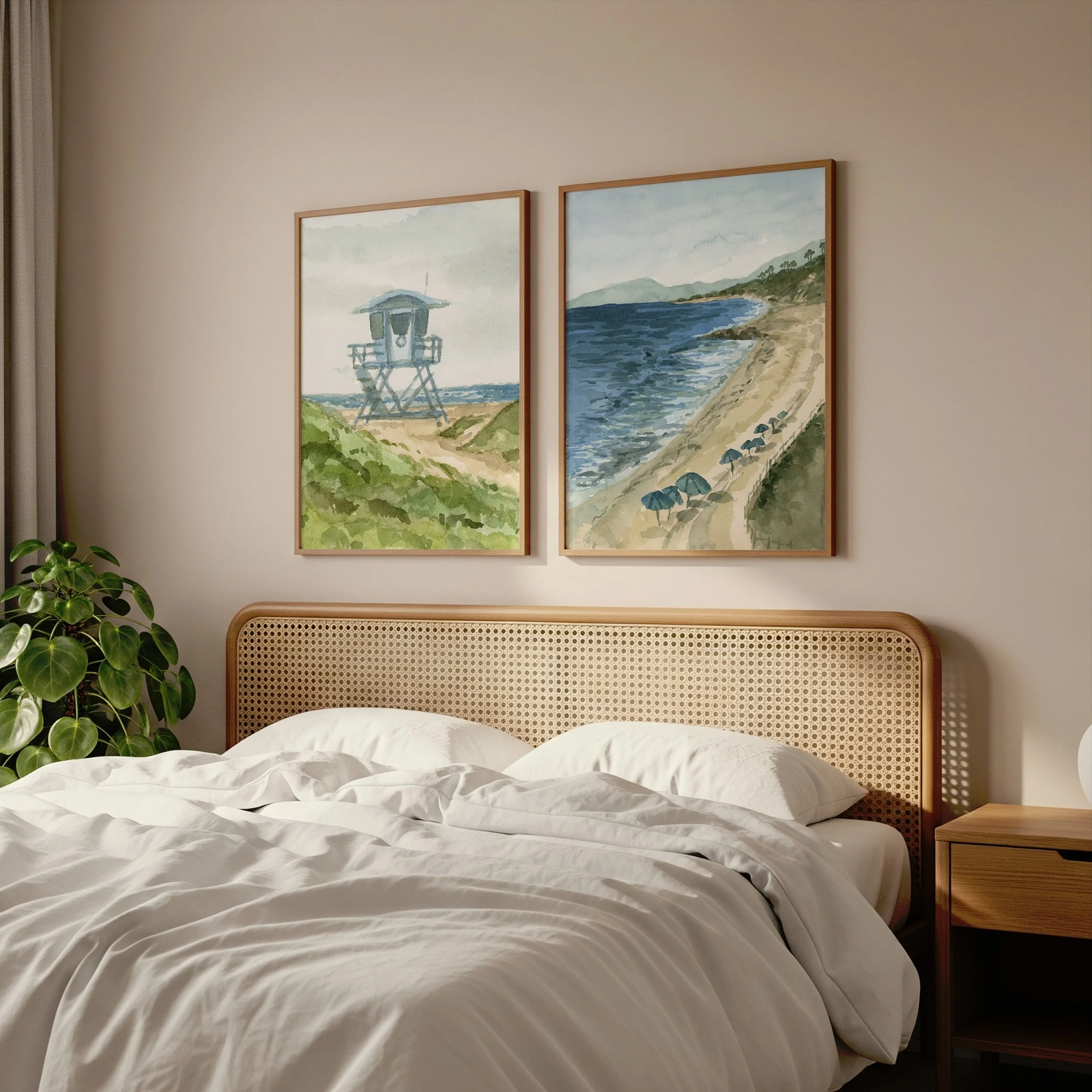 Southern California watercolor landscape Summer at the Beach Print Pair hanging above a bed