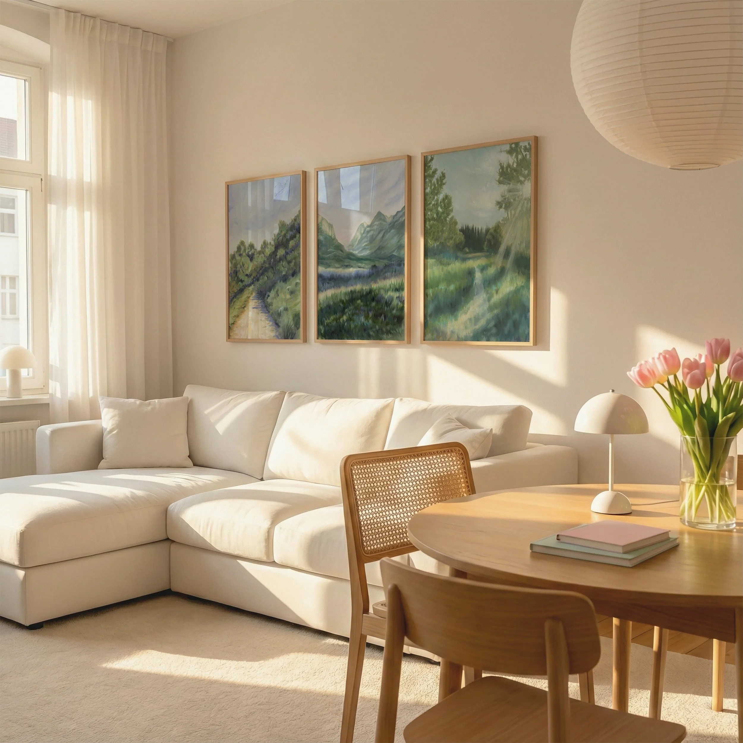 Meadows Landscape Print Bundle set of 3 hanging above a couch in a neutral living room. Light filled landscapes painted in oils.