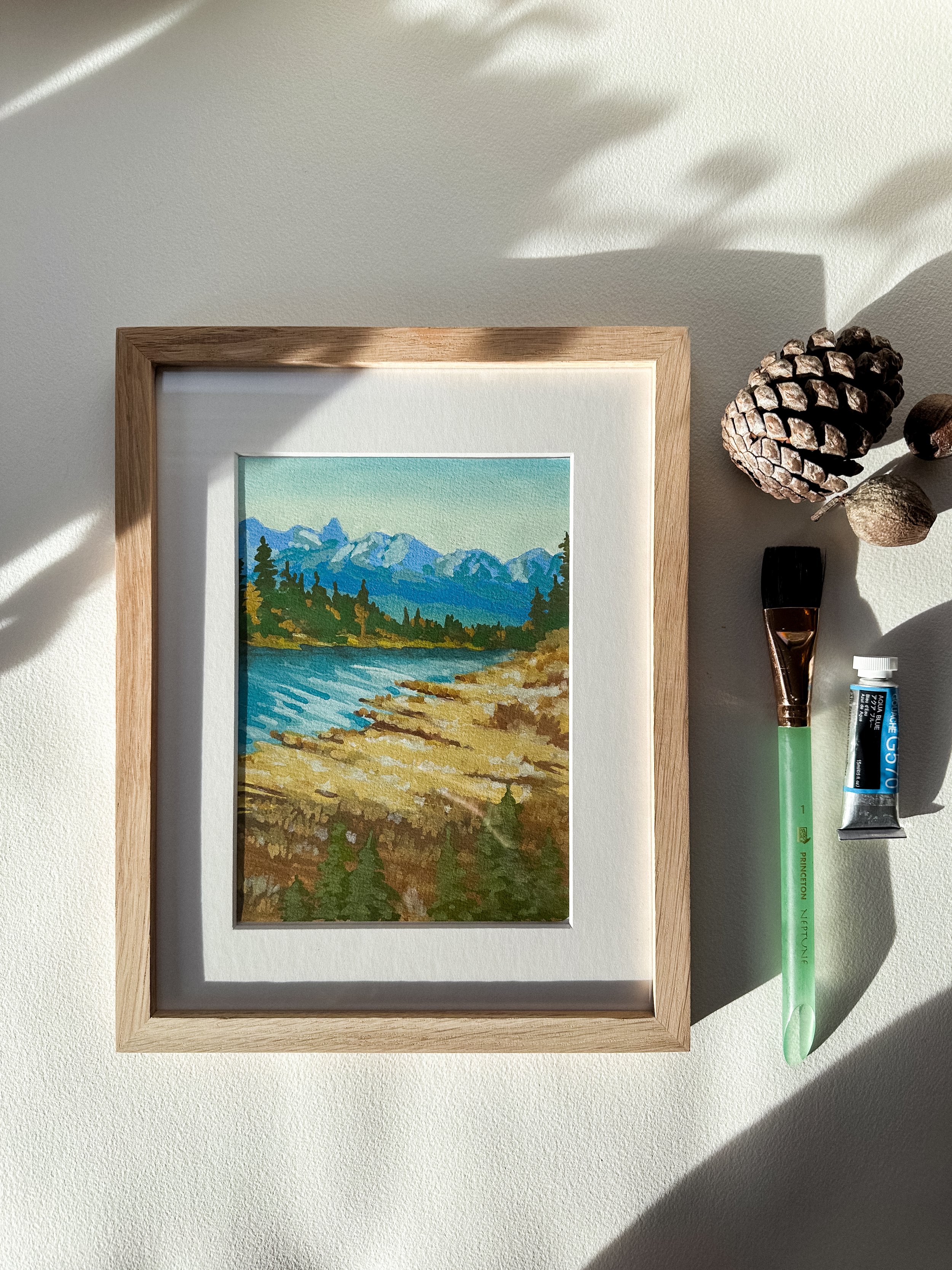 Original gouache mountain landscape painting in the Canadian Rocky Mountains in Autumn by Rebecca Sobbi