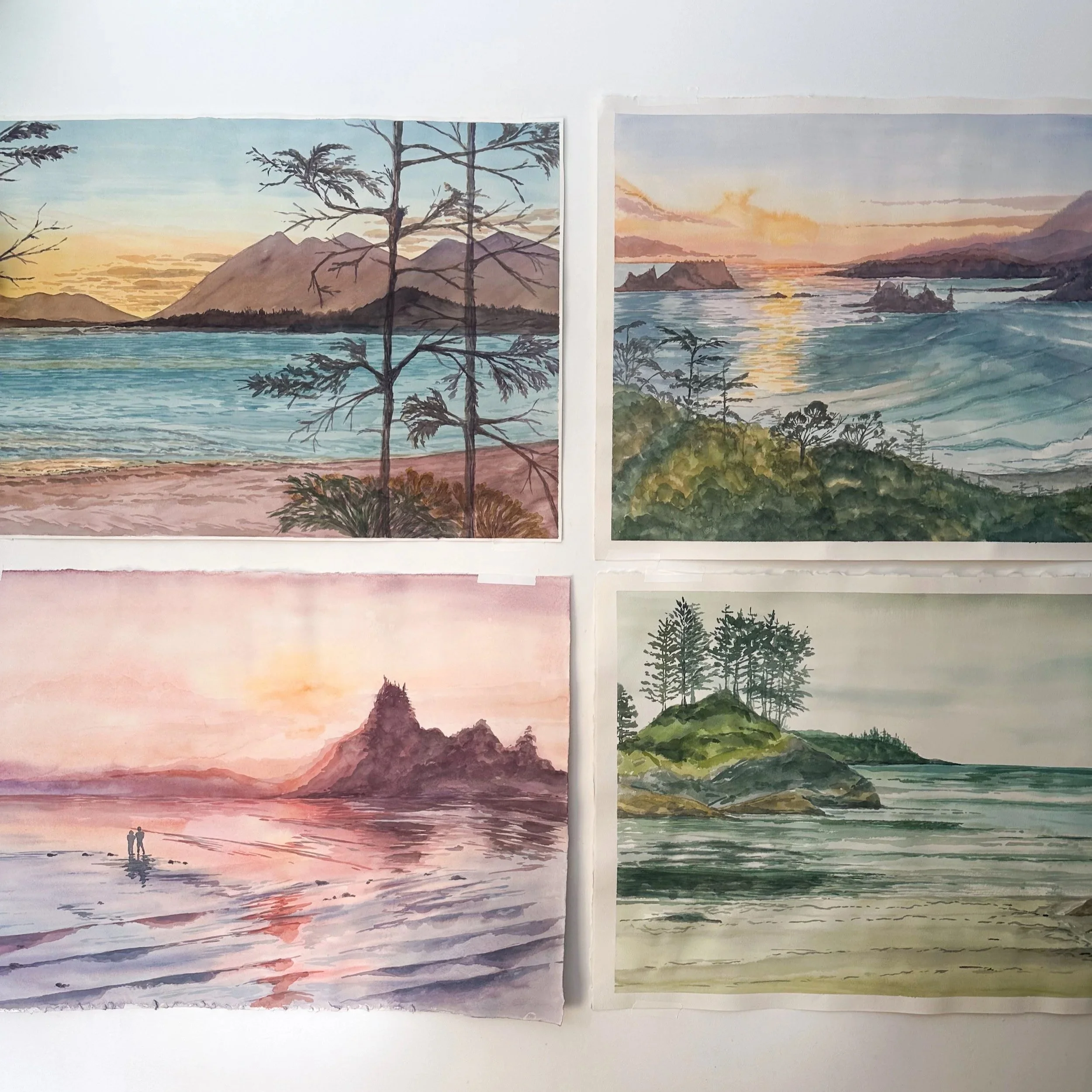 A collection of original coastal watercolor landscape paintings inspired by Tofino beaches