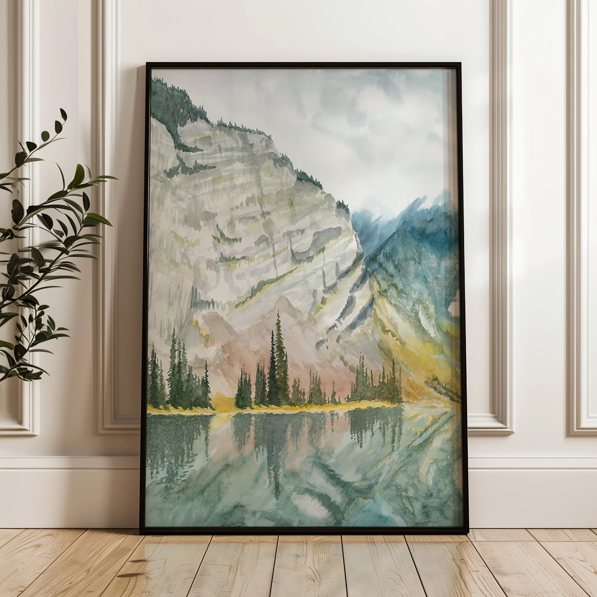 Kananaskis Mountain Landscape Art Print displayed in a black frame