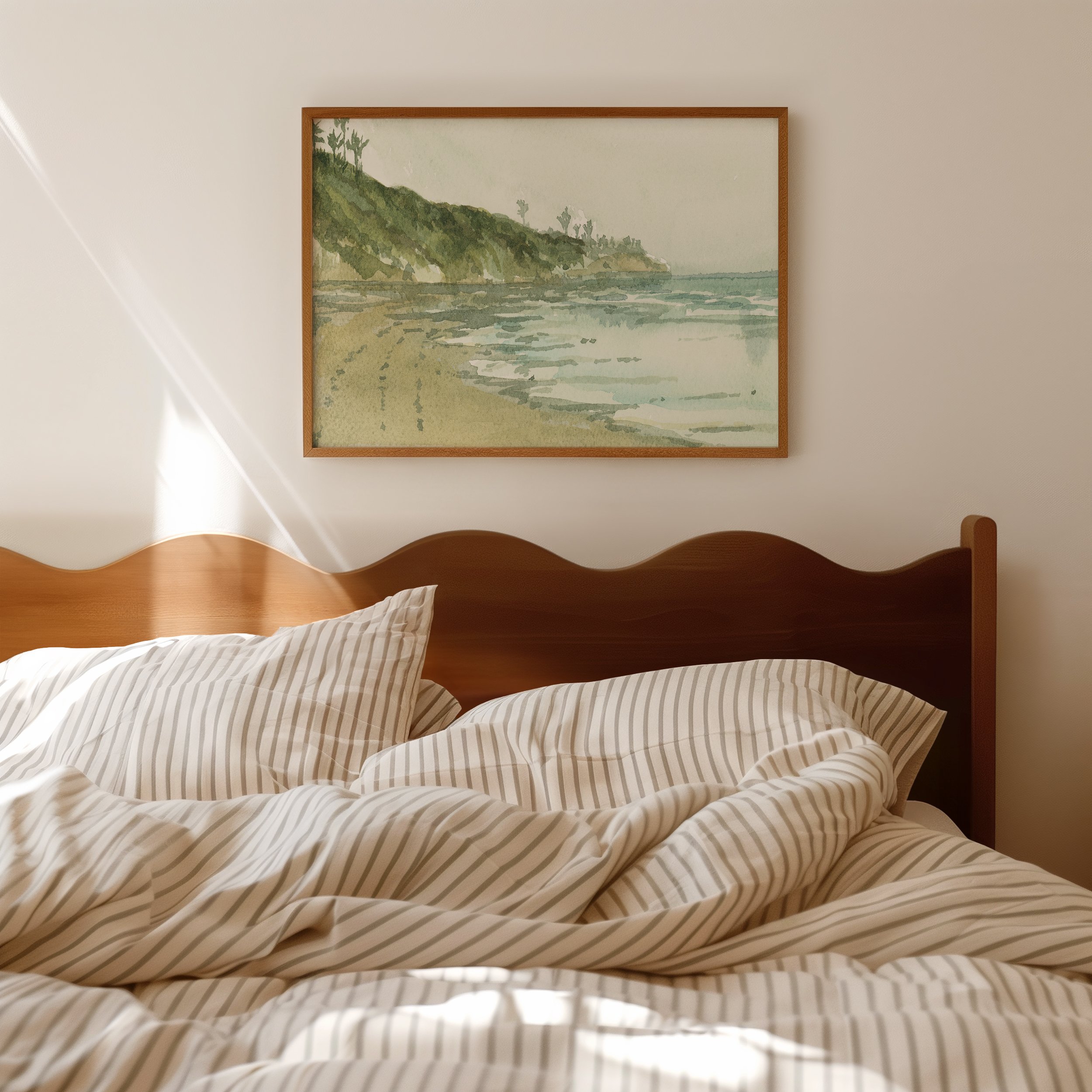 Swami's beach coastal watercolor landscape wall art print from Encinitas, California inspired by an afternoon Sunday walk along the peaceful, warm Pacific Ocean hanging above a bed