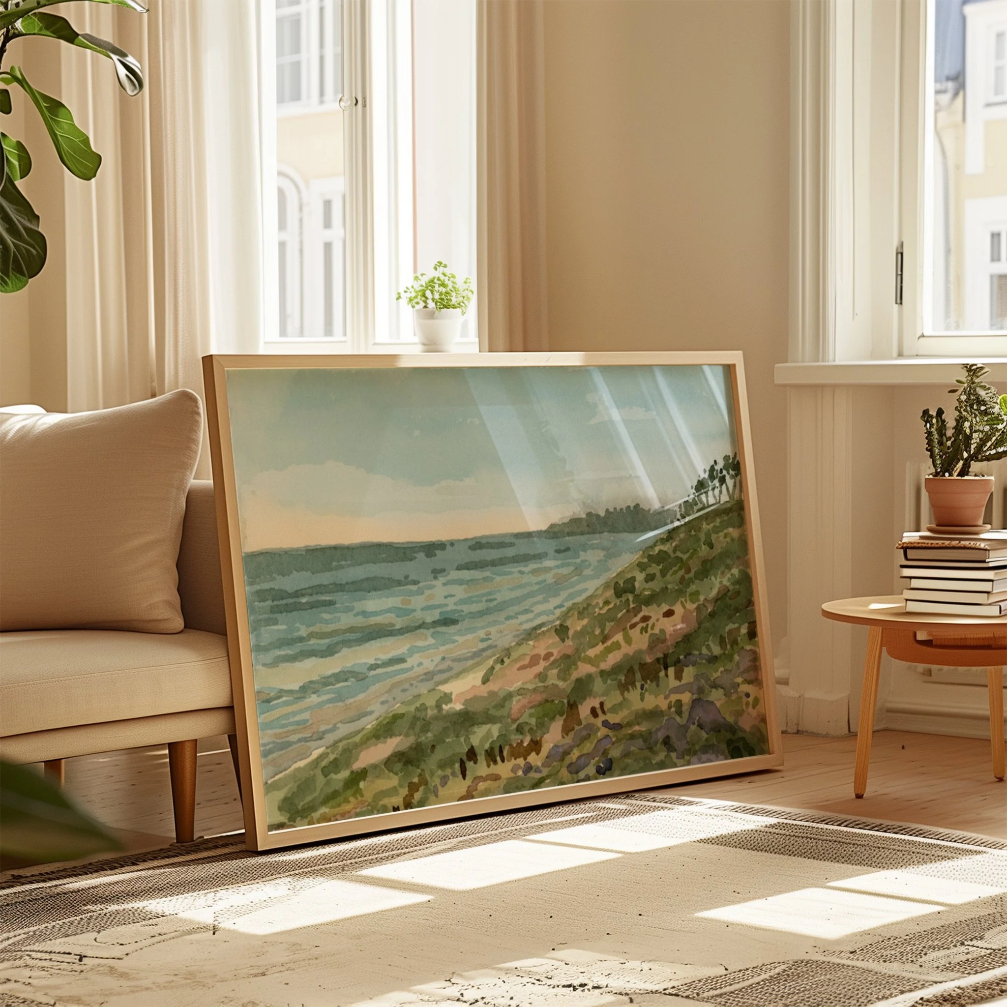 Tamarack Beach, Carlsbad coastal watercolor landscape wall art print inspired by Southern California's lush green coastline and vibrant blue Pacific Ocean sitting in a living room