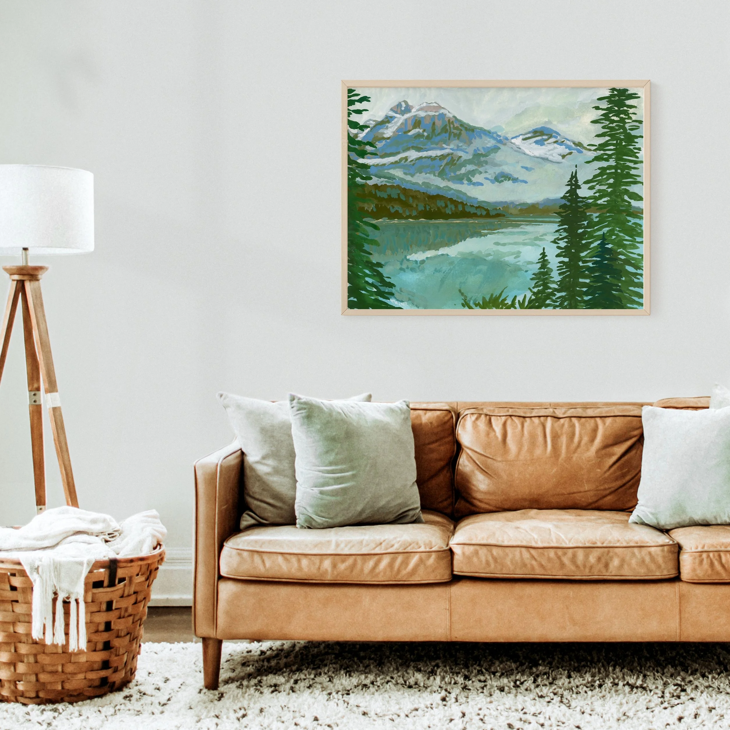 Emerald Lake, Banff National Park mountain gouache landscape wall art print inspired by Spring in the Canadian Rocky Mountains hanging above a couch